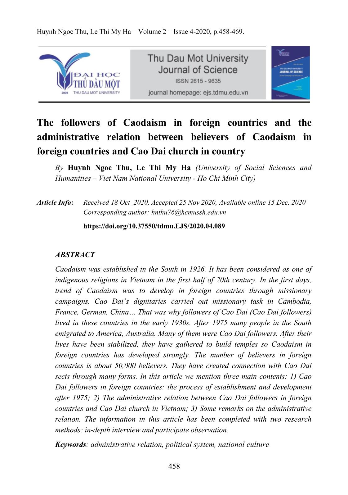 The followers of Caodaism in foreign countries and the administrative relation between believers of Caodaism in foreign countries and Cao Dai church in country trang 1