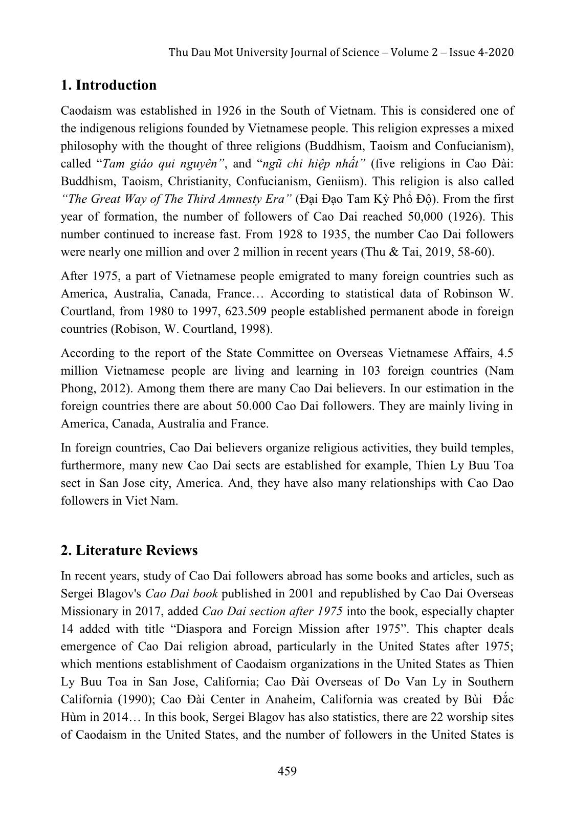 The followers of Caodaism in foreign countries and the administrative relation between believers of Caodaism in foreign countries and Cao Dai church in country trang 2