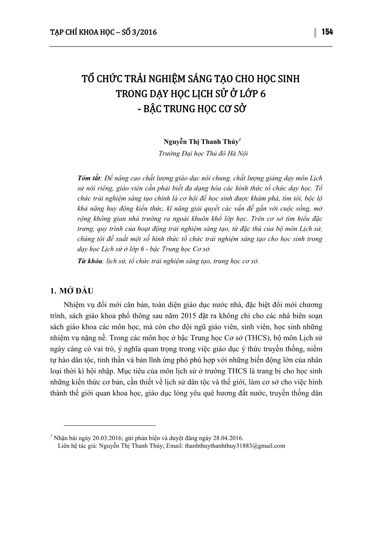 Tổ chức trải nghiệm sáng tạo cho học sinh trong dạy học Lịch sử ở Lớp 6 - Bậc Trung học Cơ sở trang 1