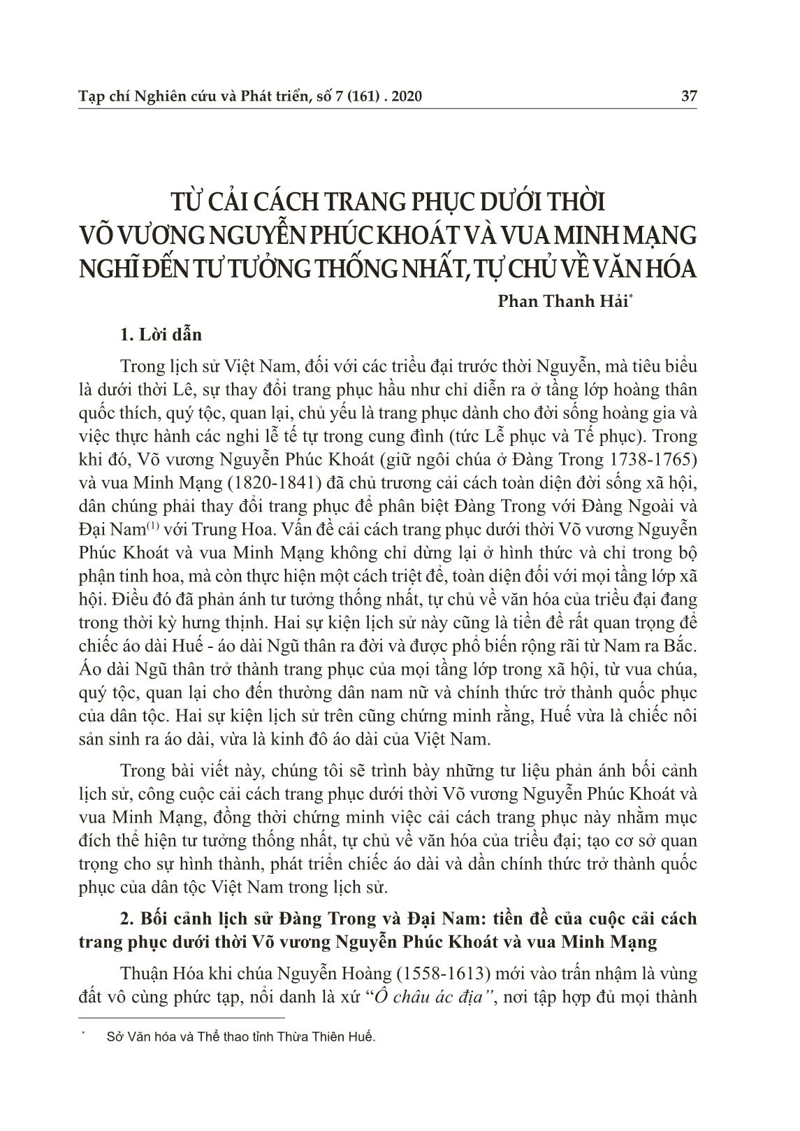 Từ cải cách trang phục dưới thời Võ Vương Nguyễn Phúc Khoát và vua Minh Mạng nghĩ đến tư tưởng thống nhất, tự chủ về văn hóa trang 1