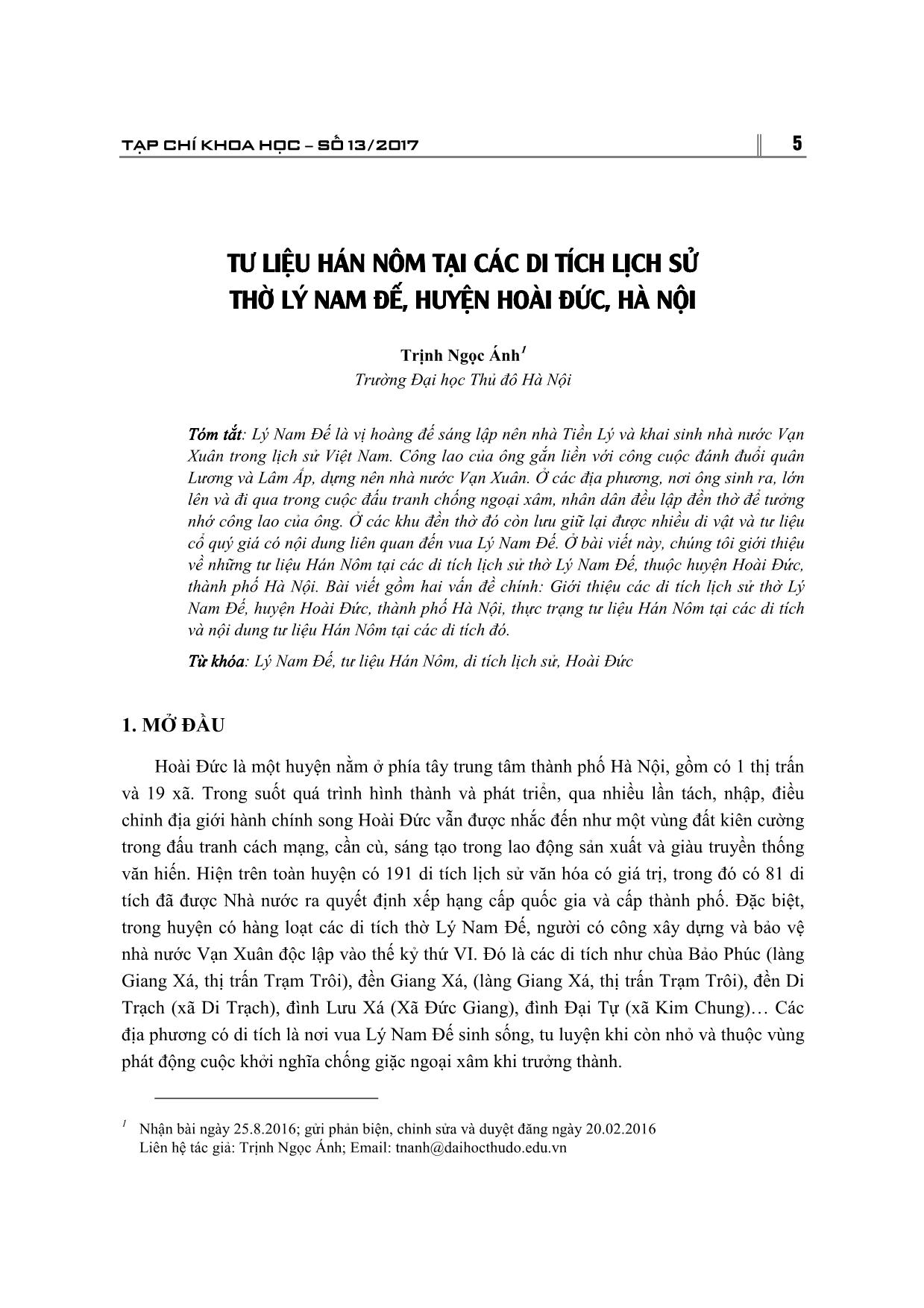 Tư liệu Hán Nôm tại các di tích lịch sử thờ Lý Nam Đế, huyện Hoài Đức, Hà Nội trang 1