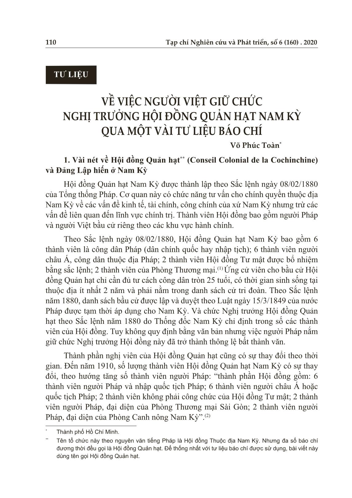 Về việc người Việt giữ chức nghị trưởng hội đồng quản hạt Nam Kỳ qua một vài tư liệu báo chí trang 1