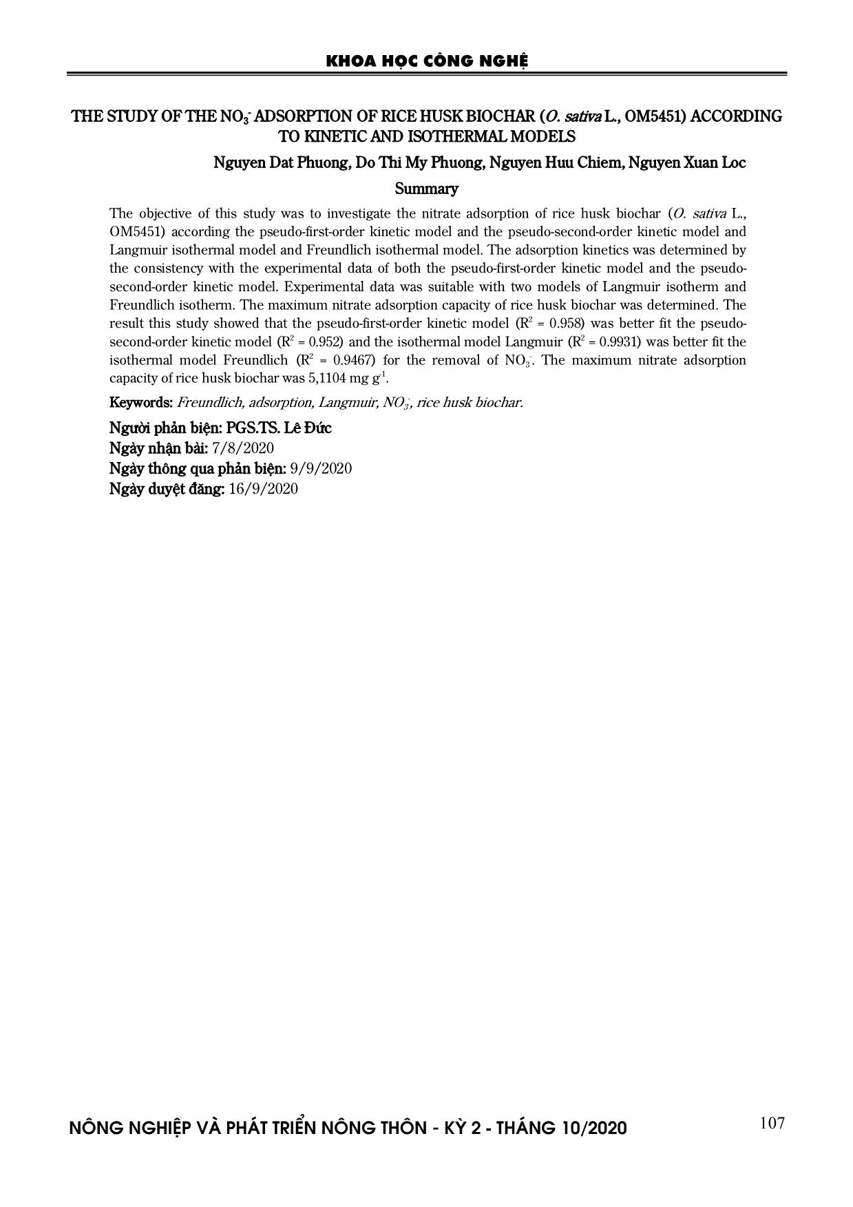 Nghiên cứu sự hấp phụ NO₃- Của than sinh học trấu (O. Sativa L., OM5451) theo các mô hình động học và đẳng nhiệt trang 7