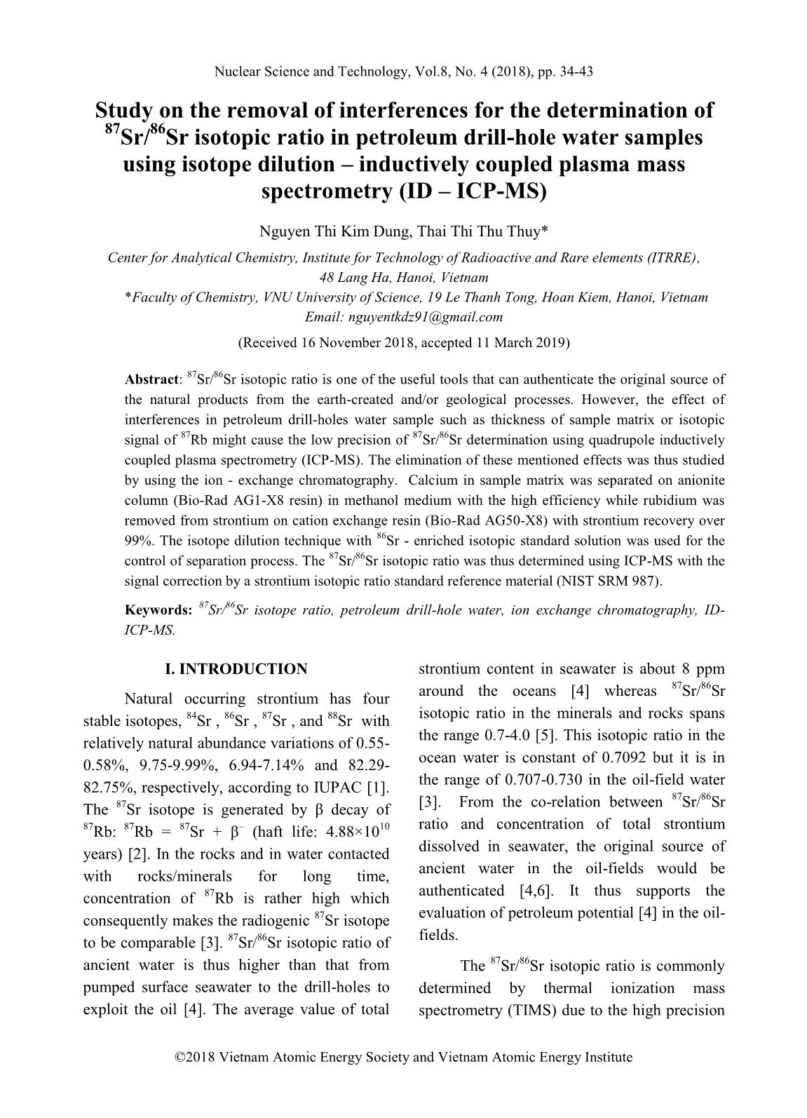Study on the removal of interferences for the determination of ⁸⁷Sr/⁸⁶Sr isotopic ratio in petroleum drill-Hole water samples using isotope dilution – inductively coupled plasma mass spectrometry (ID-ICP-MS) trang 1