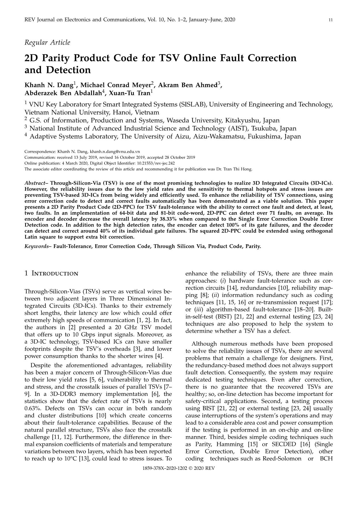 2D parity product code for TSV online fault correction and detection trang 1