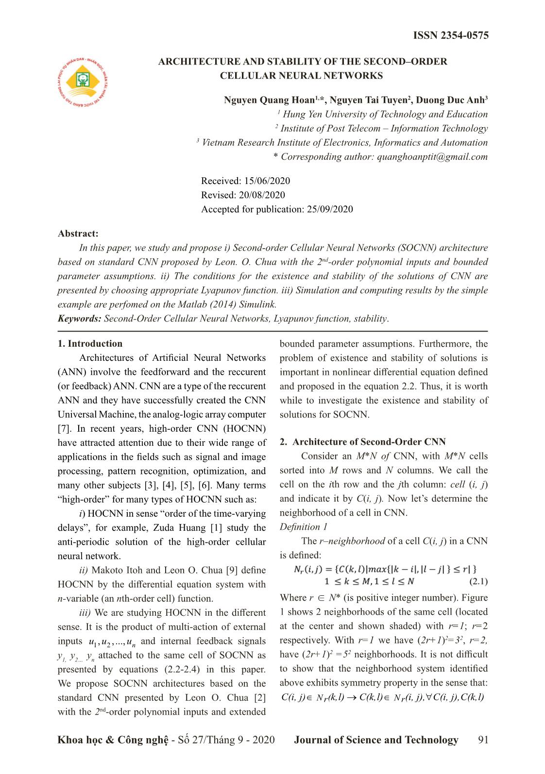 Architecture and stability of the second–order cellular neural networks trang 1