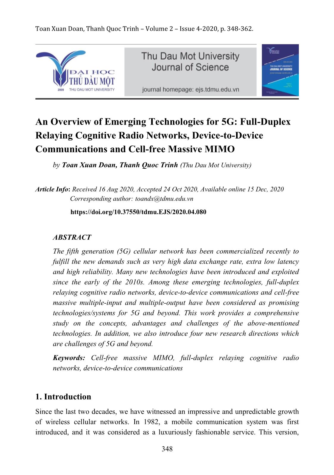 An overview of emerging technologies for 5G: Full-Duplex relaying cognitive radio networks, device-to-device communications and cell-free massive MIMO trang 1