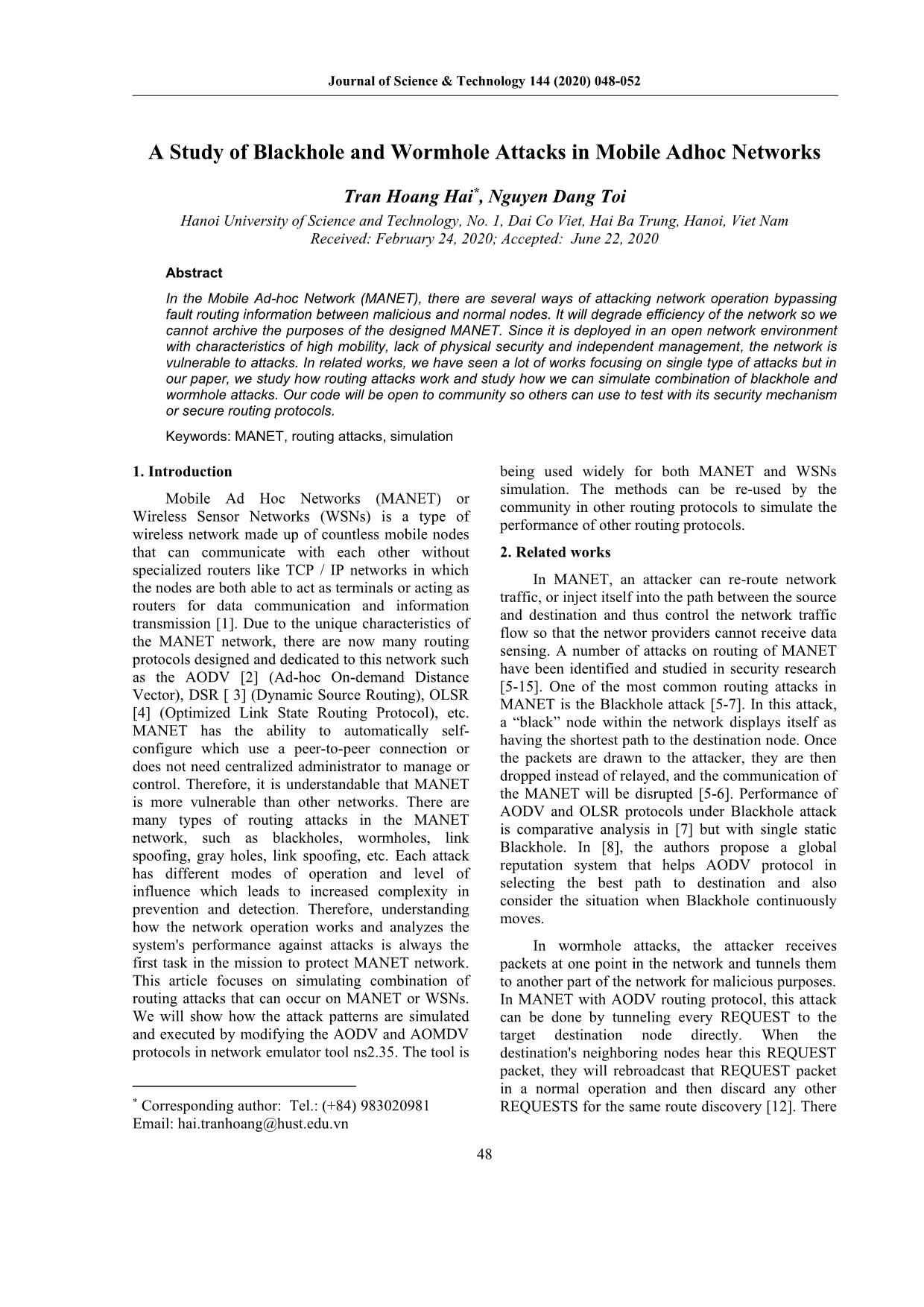 A study of blackhole and wormhole attacks in Mobile Ad-Hoc Network trang 1