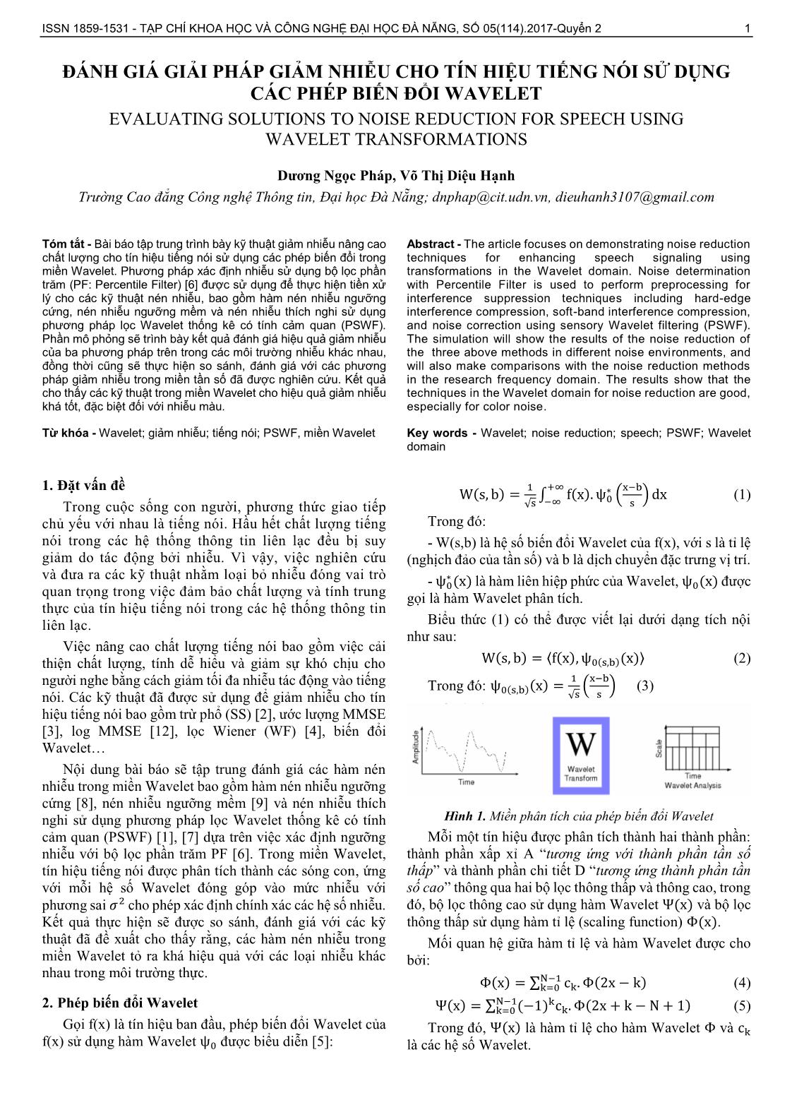 Đánh giá giải pháp giảm nhiễu cho tín hiệu tiếng nói sử dụng các phép biến đổi Wavelet trang 1