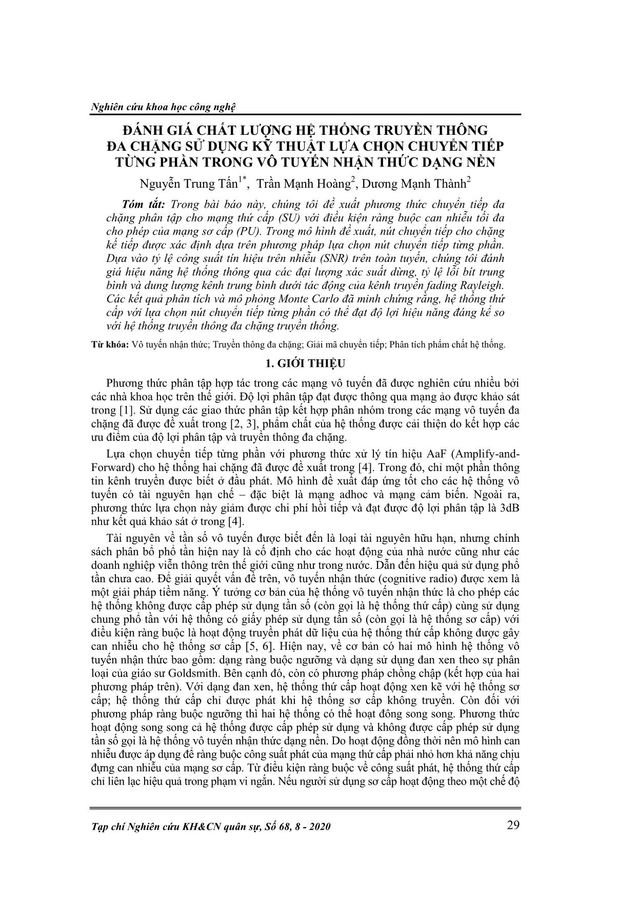 Đánh giá chất lượng hệ thống truyền thông đa chặng sử dụng kỹ thuật lựa chọn chuyển tiếp từng phần trong vô tuyến nhận thức dạng nền trang 1