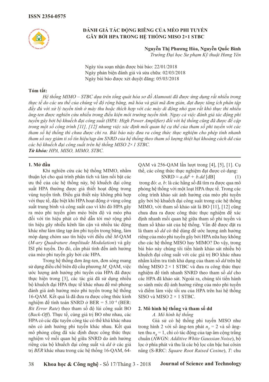 Đánh giá tác động riêng của méo phi tuyến gây bởi hpa trong hệ thống MISO 2×1 STBC trang 1
