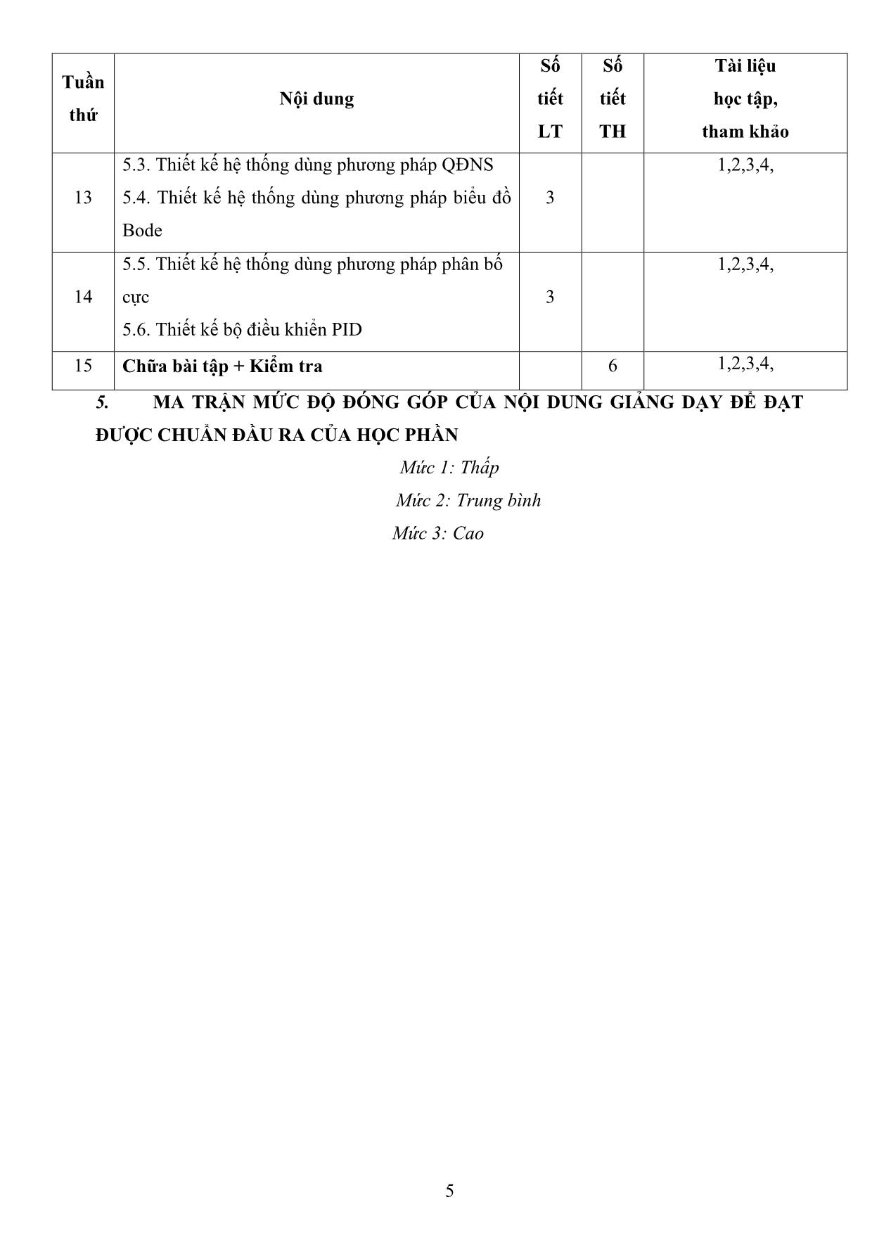 Đề cương chi tiết học phần Lý thuyết điều khiển tự động trang 5