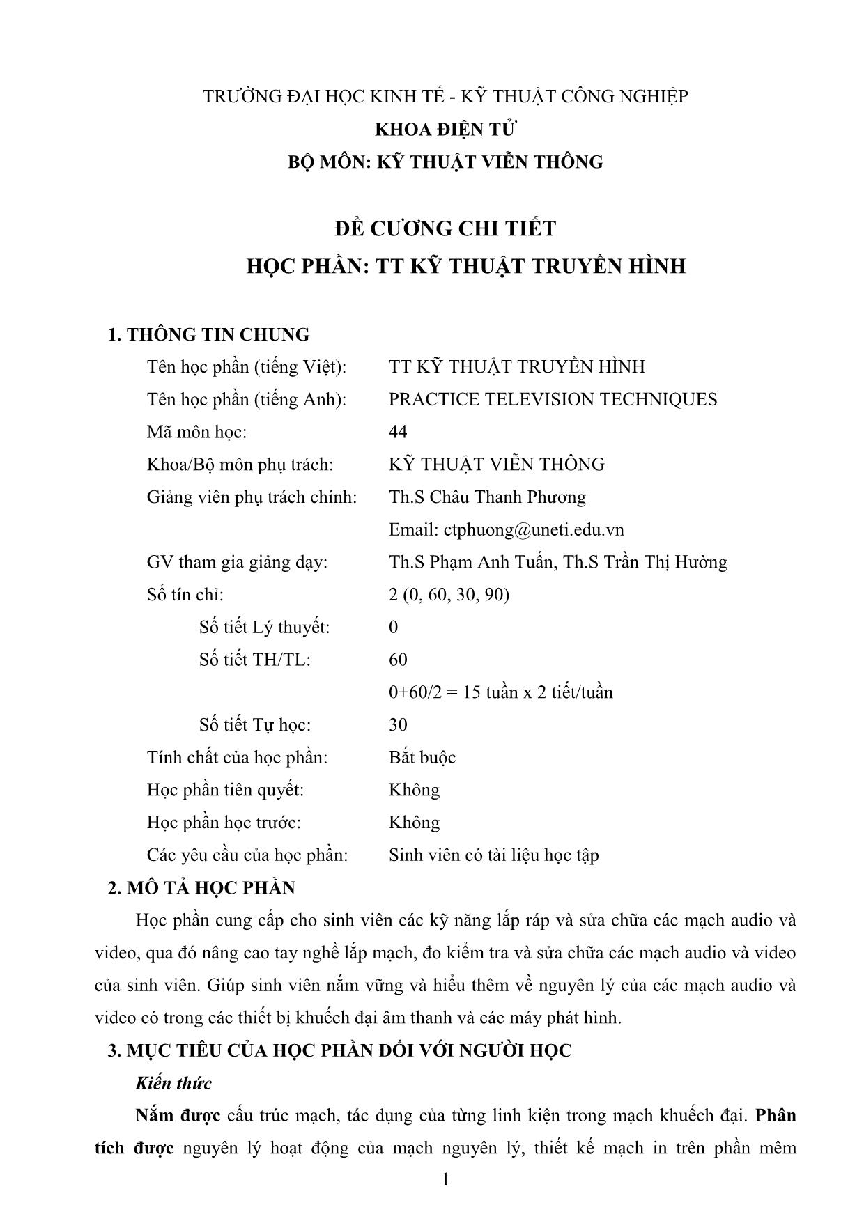Đề cương chi tiết học phần Thực tập kỹ thuật truyền hình (Mới) trang 1
