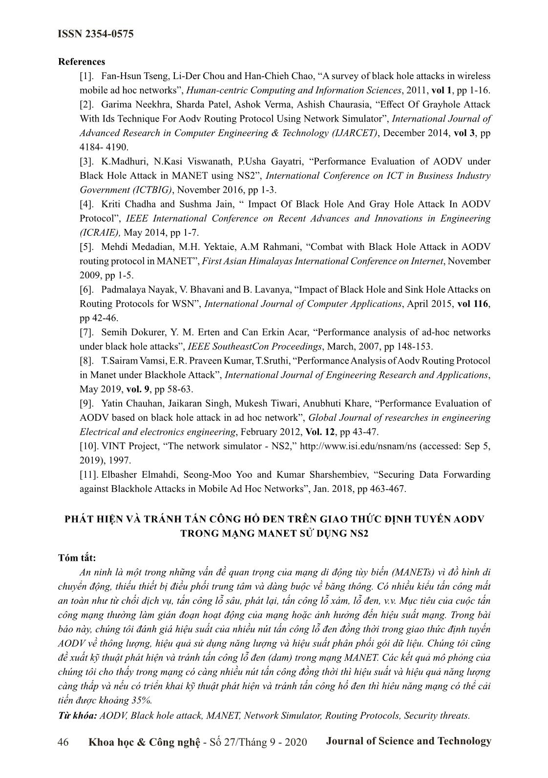 Detection and avoidance mechanism of black hole attack on AODV routing protocol in manet using NS2 trang 7