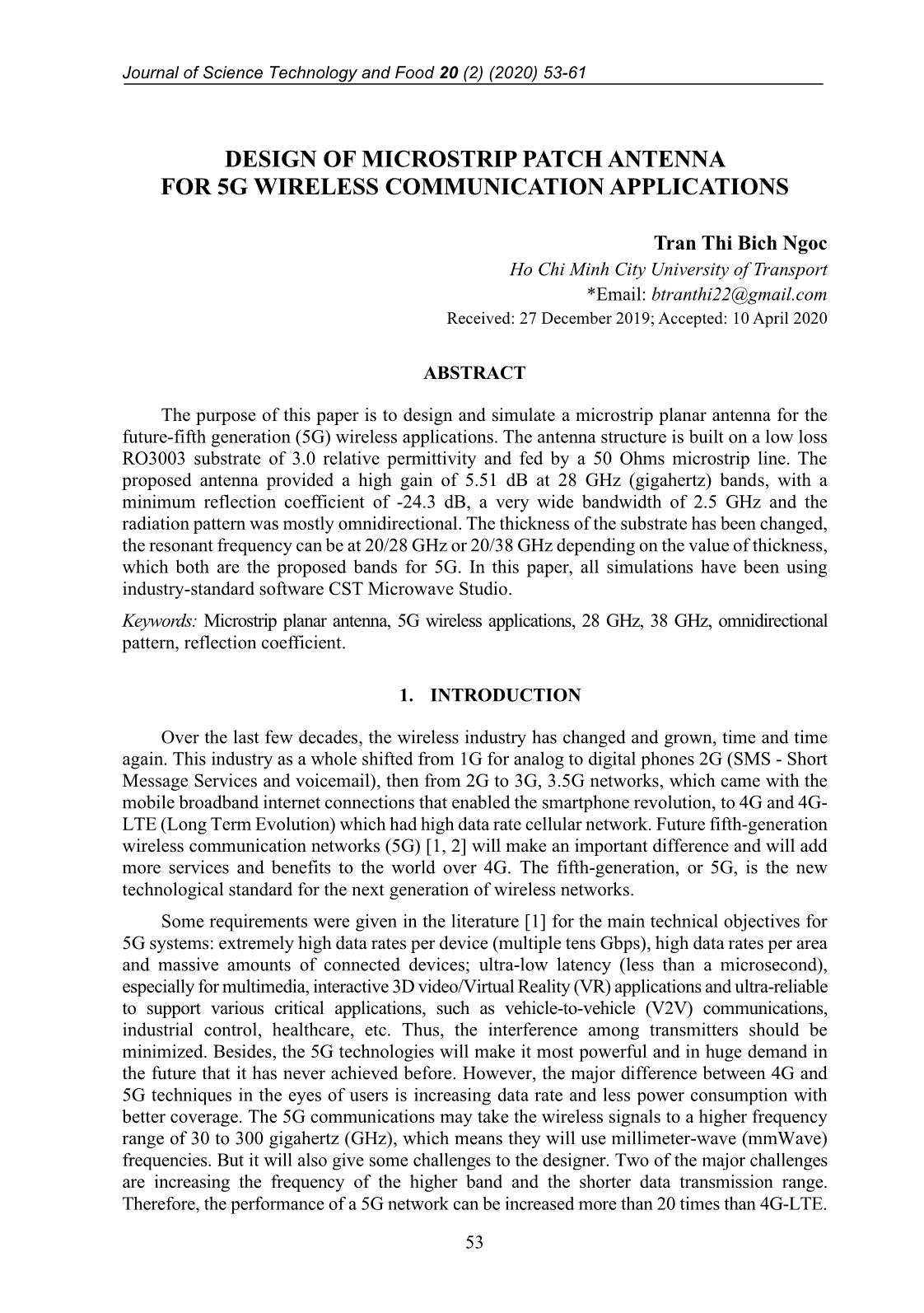 Design of microstrip patch antenna for 5G wireless communication applications trang 1