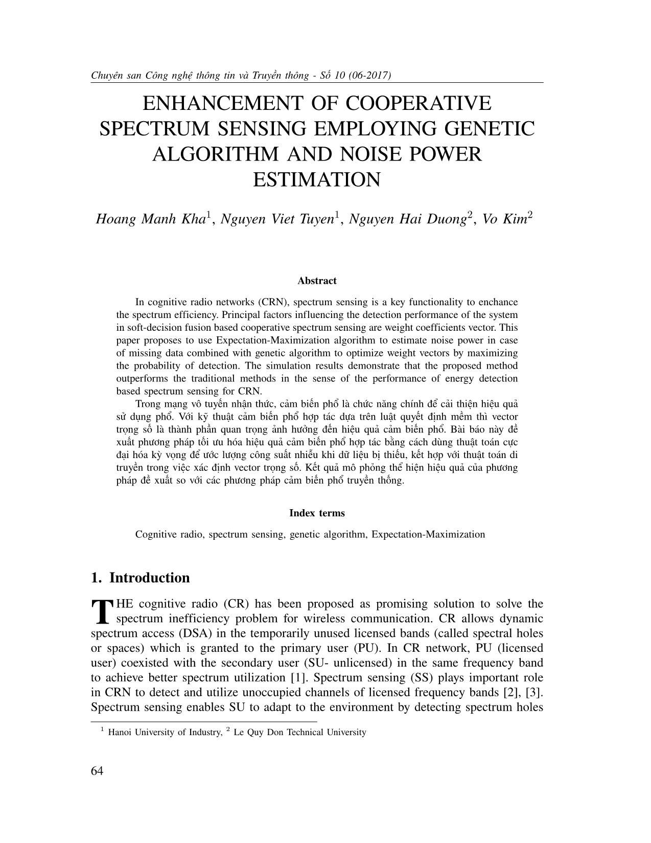 Enhancement of cooperative spectrum sensing employing genetic algorithm and noise power estimation trang 1