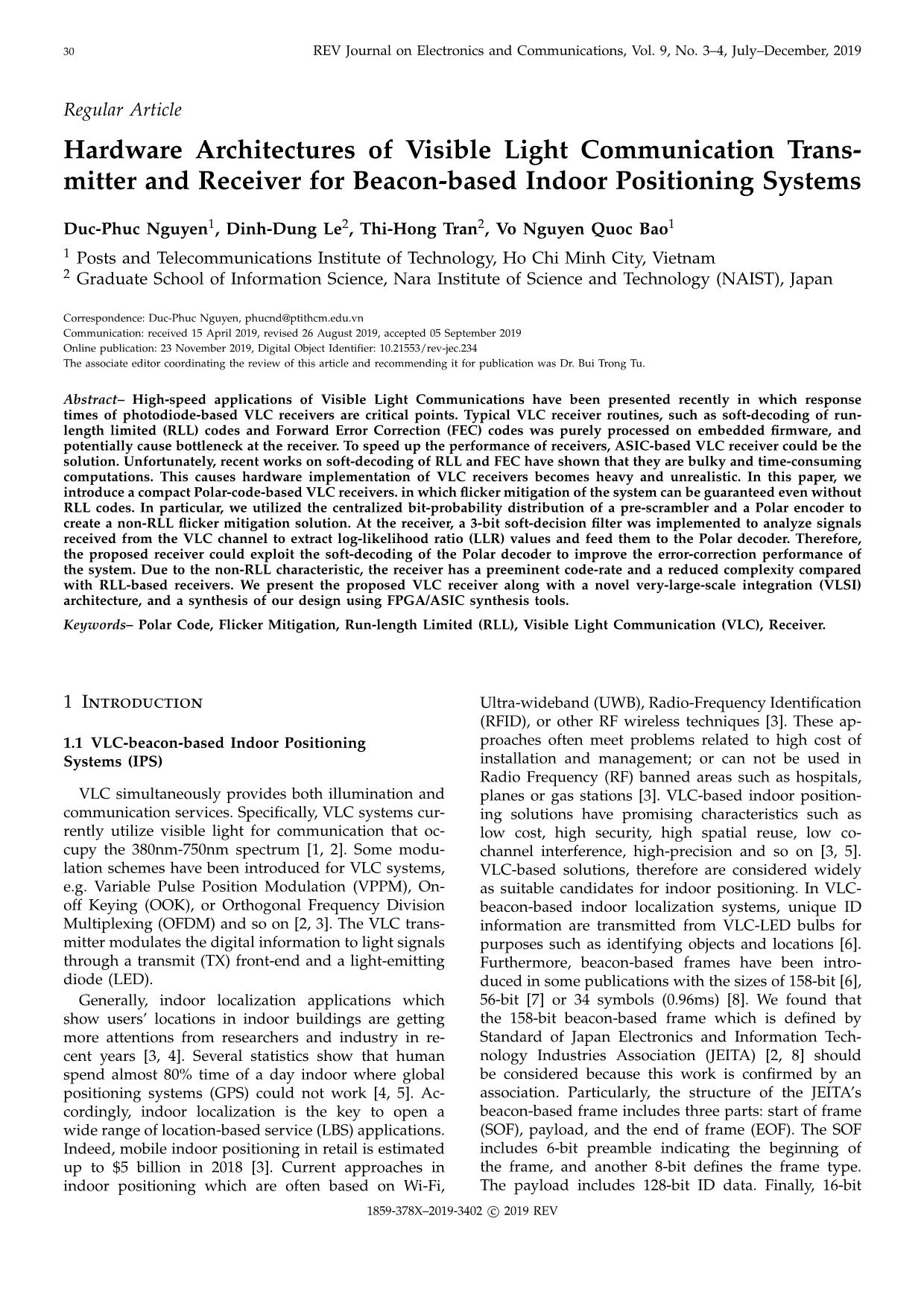 Hardware architectures of visible light communication transmitter and receiver for beacon-Based indoor positioning systems trang 1