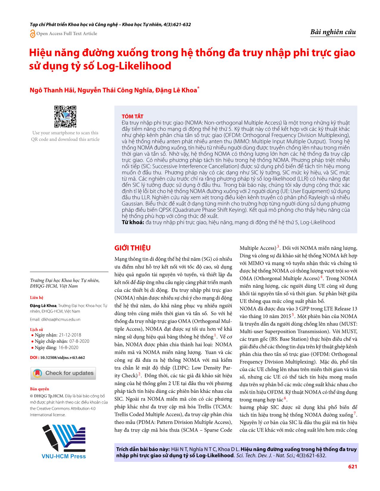 Hiệu năng đường xuống trong hệ thống đa truy nhập phi trực giao sử dụng tỷ số Log-Likelihood trang 1