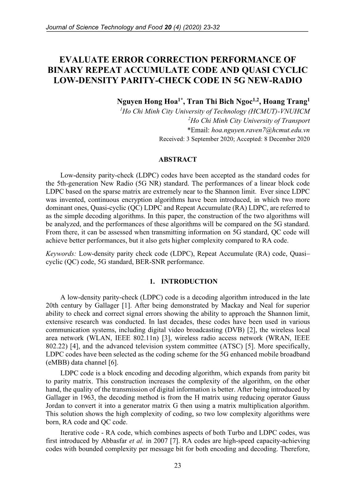 Evaluate error correction performance of binary repeat accumulate code and Quasi cyclic low-density parity-check code in 5G new-radio trang 1