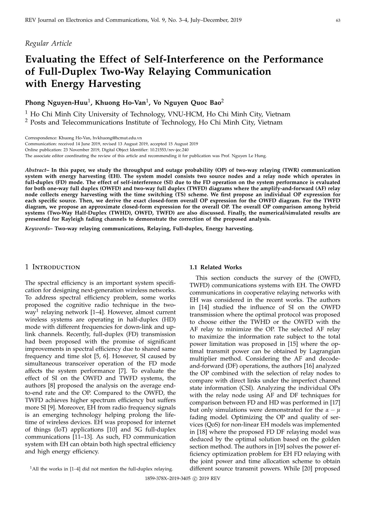 Evaluating the effect of self-Interference on the performance of full-duplex two-way relaying communication with energy harvesting trang 1