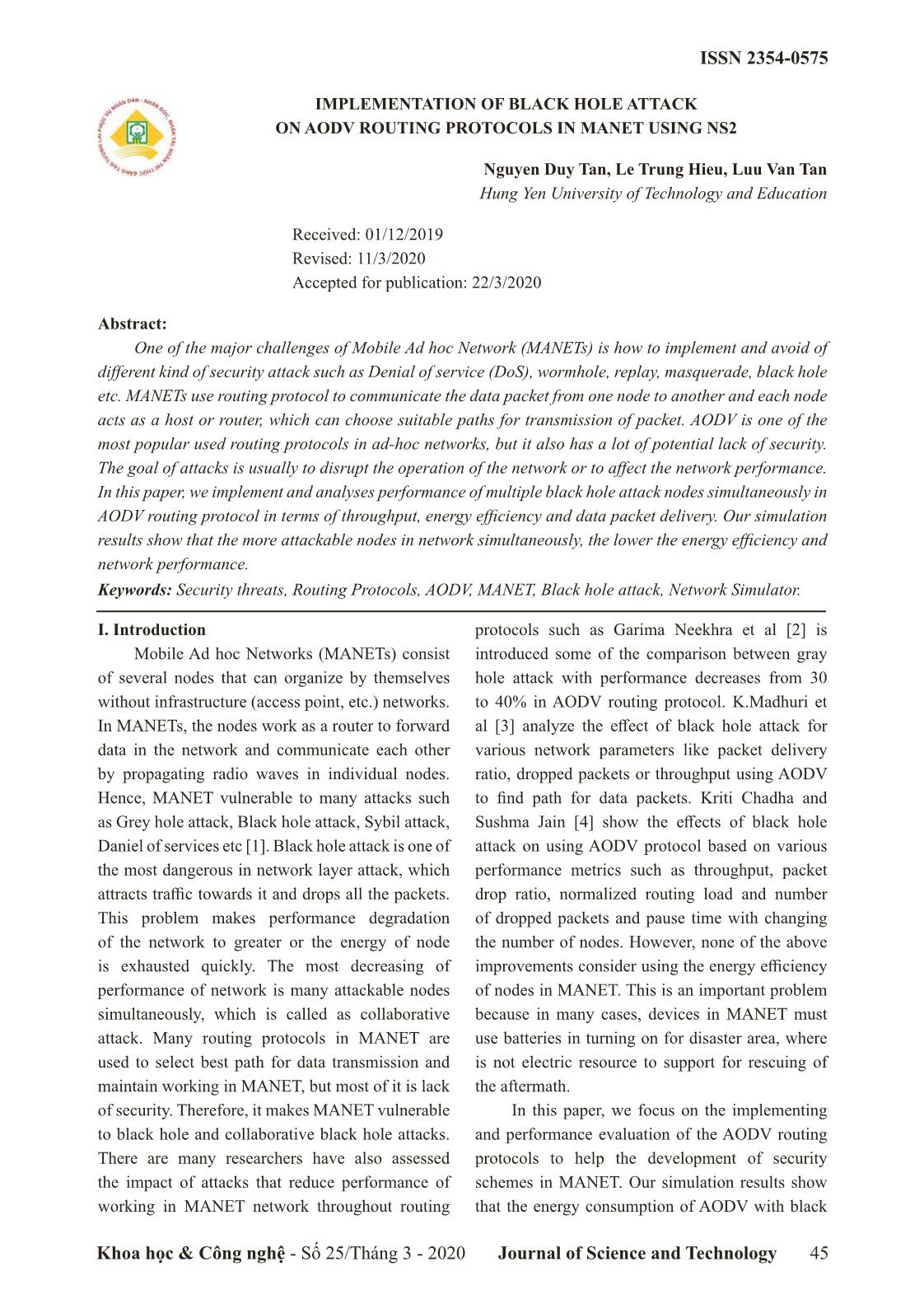 Implementation of black hole attack on AODV routing protocols in manet using NS2 trang 1