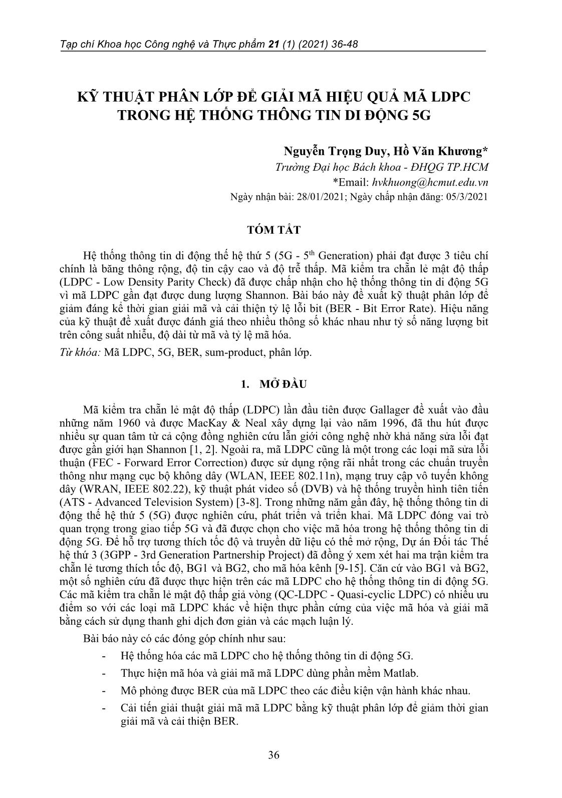 Kỹ thuật phân lớp để giải mã hiệu quả mã LDPC trong hệ thống thông tin di động 5G trang 1