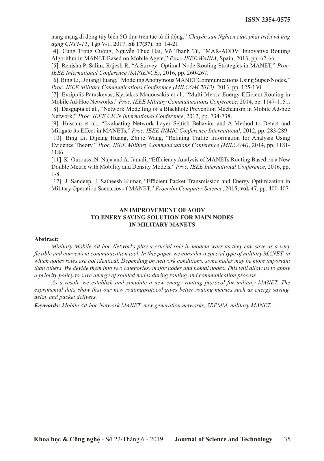 Một cải tiến giao thức định tuyến AODV để tiết kiệm năng lượng cho các nút mạng chính trong mạng manet quân sự trang 7