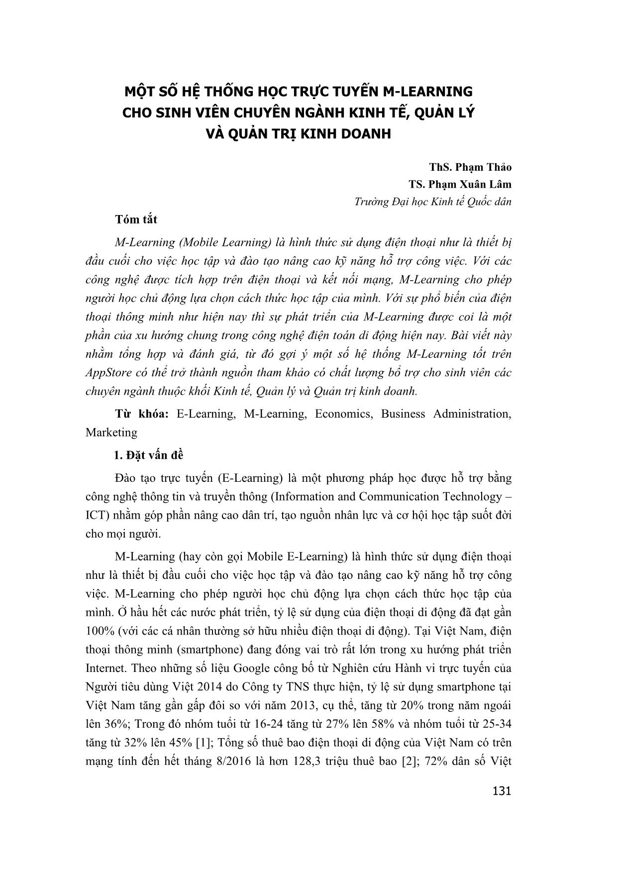 Một số hệ thống học trực tuyến M-Learning cho sinh viên chuyên ngành kinh tế, quản lý và quản trị kinh doanh trang 1