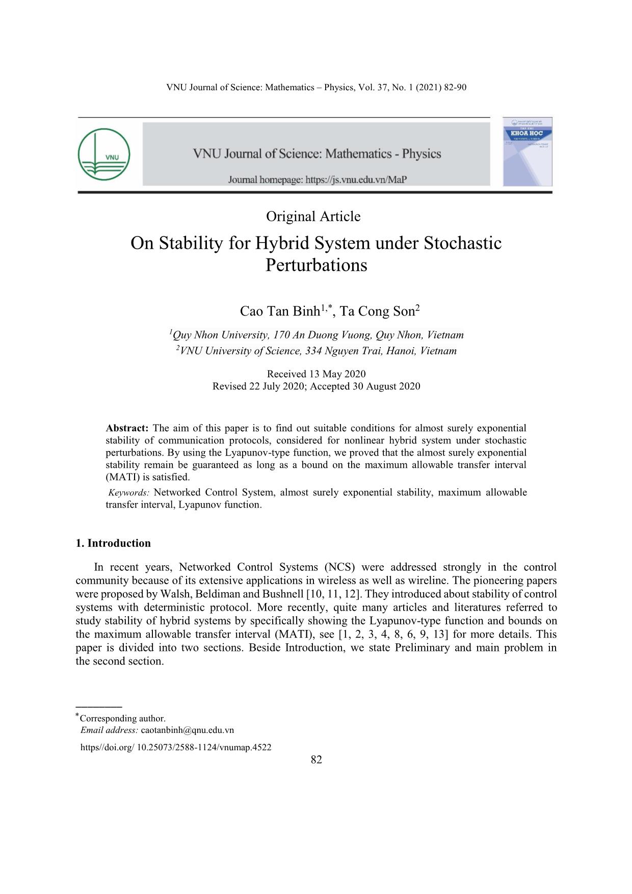 On stability for hybrid system under stochastic perturbations trang 1