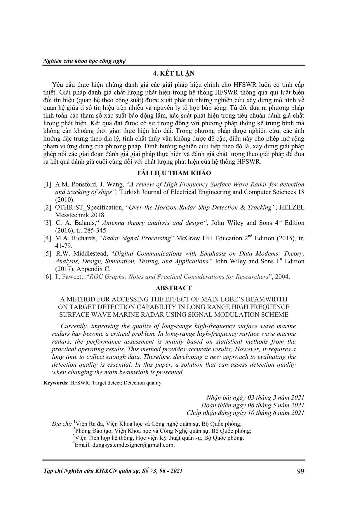 Phương pháp đánh giá ảnh hưởng của độ rộng búp sóng chính tới chất lượng phát hiện mục tiêu trong ra đa biển tầm xa sóng bề mặt qua qui luật biến đổi tín hiệu trang 7