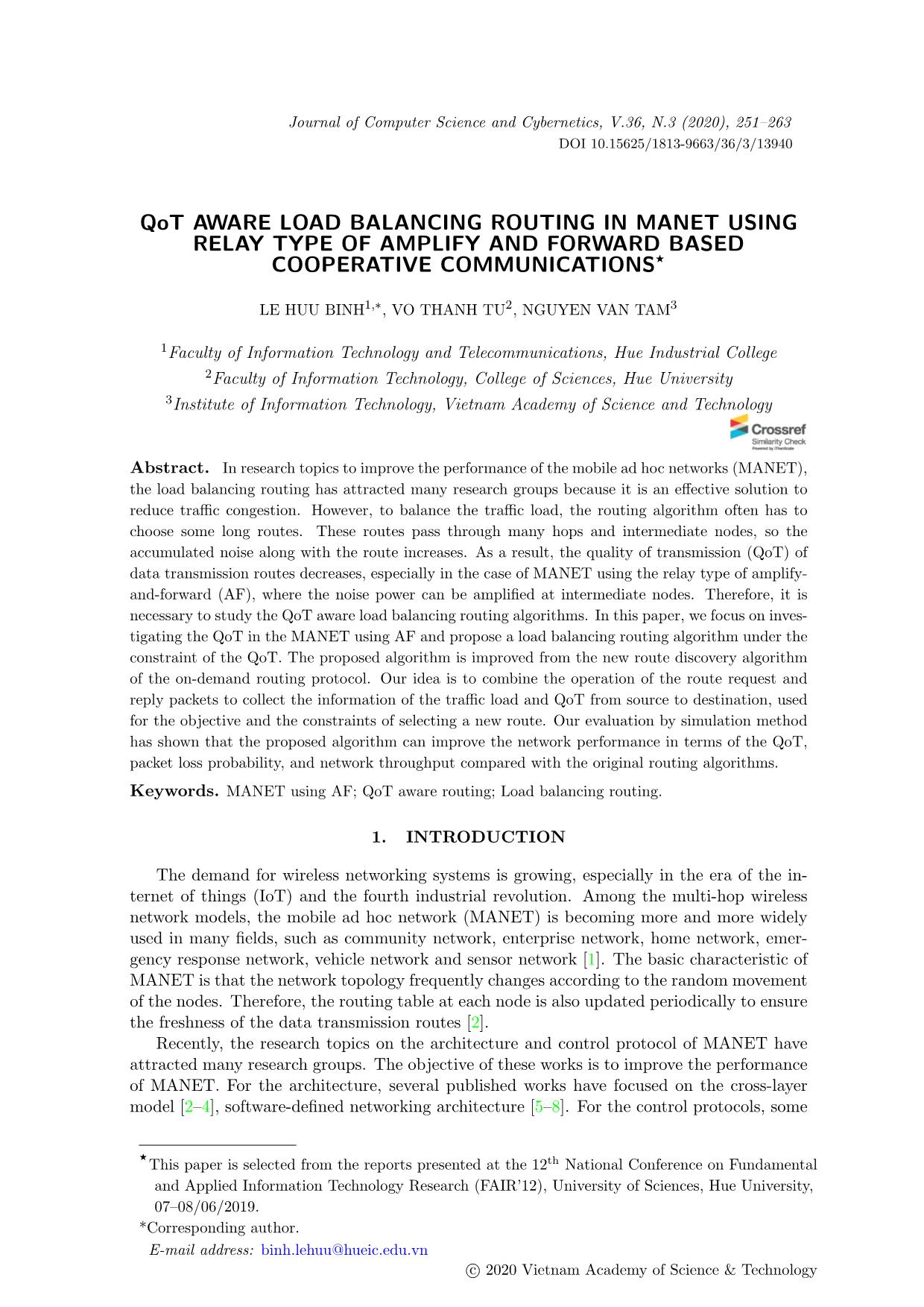 QoT aware load balancing routing in manet using relay type of amplify and forward based cooperative communications trang 1