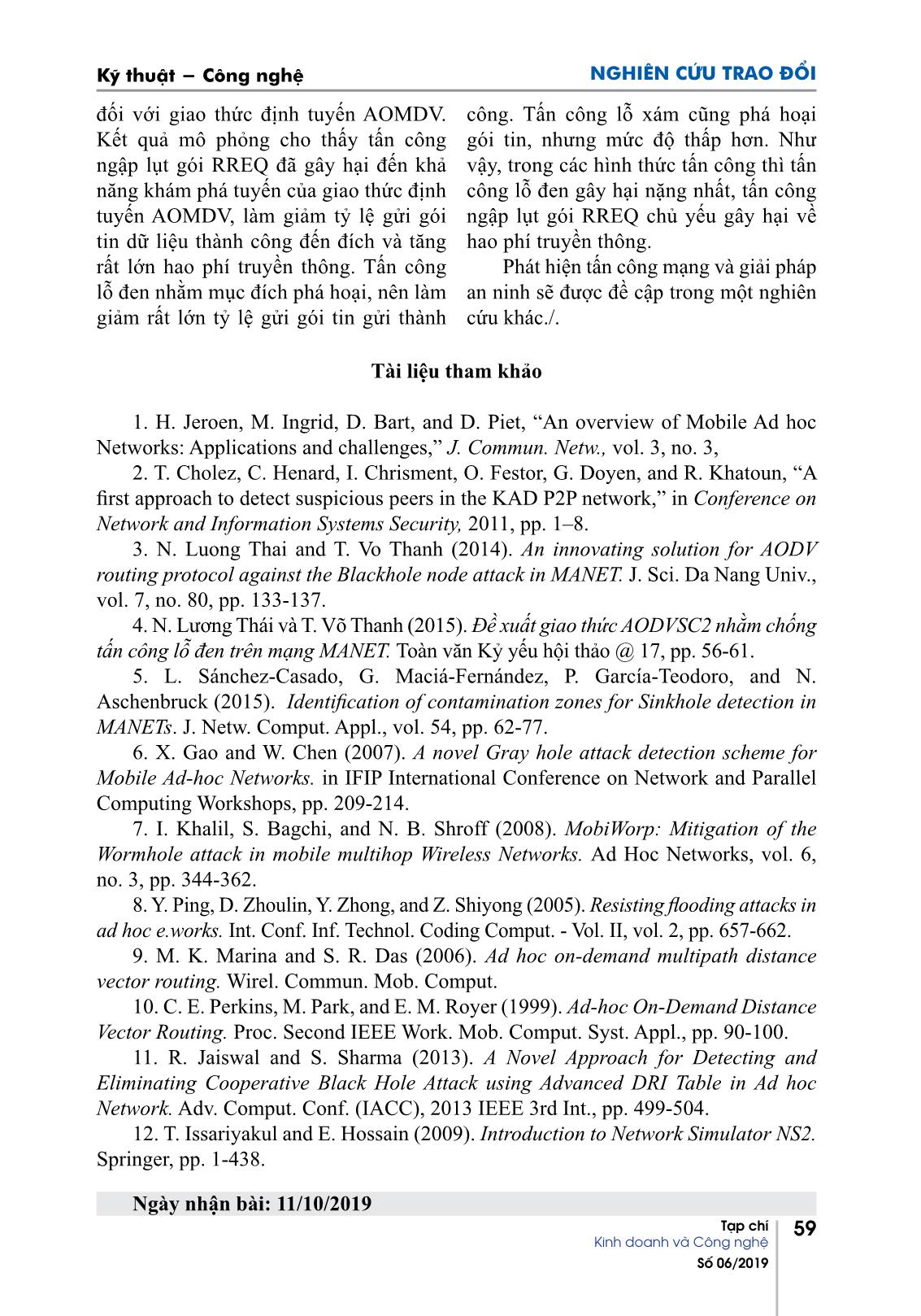 Tác hại của tấn công mạng đối với hiệu năng giao thức AOMDV trên mạng tùy biến di động trang 6