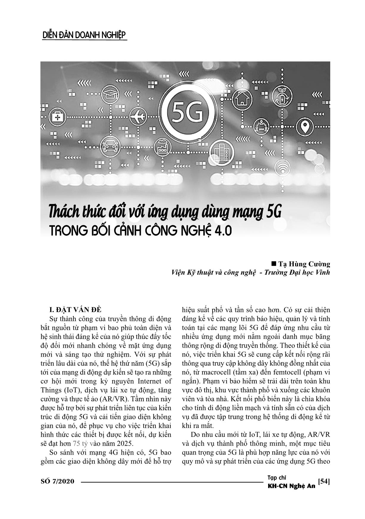 Thách thức đối với ứng dụng dùng mạng 5G trong bối cảnh công nghệ 4.0 trang 1