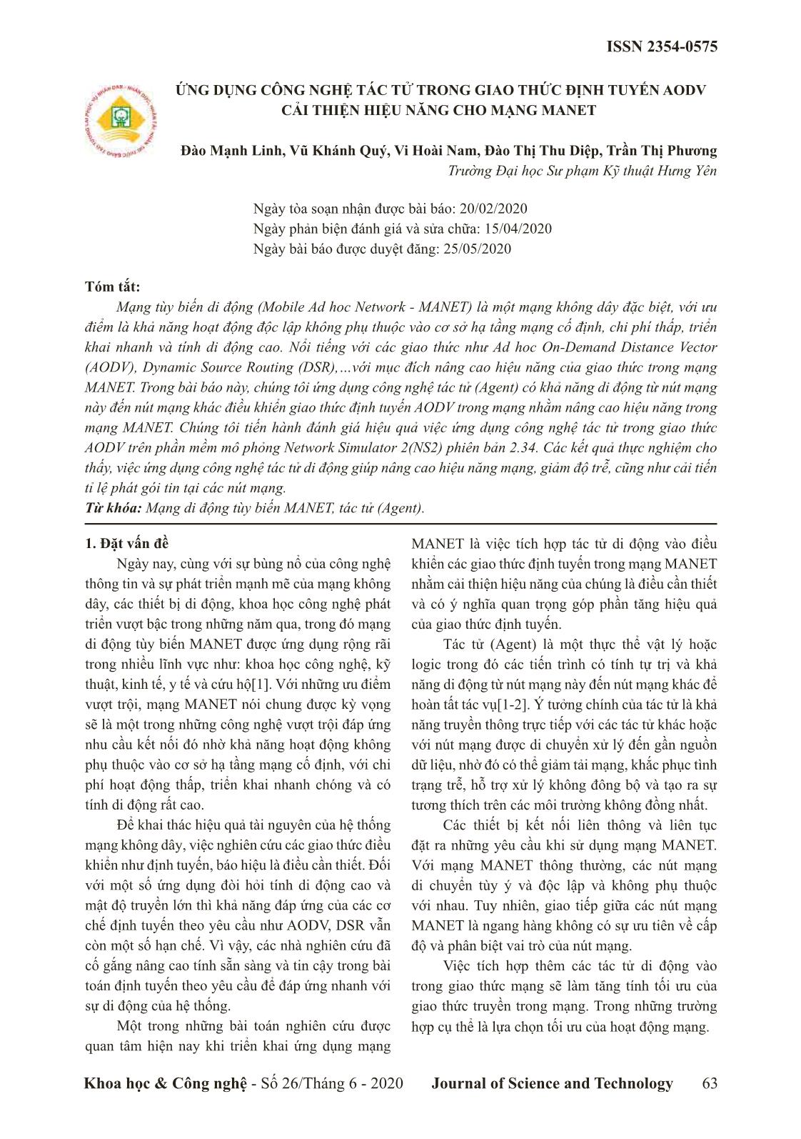 Ứng dụng công nghệ tác tử trong giao thức định tuyến AODV cải thiện hiệu năng cho mạng Manet trang 1