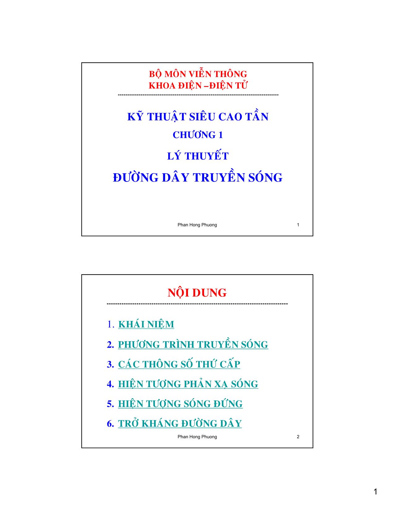 Bài giảng Kỹ thuật siêu cao tần - Chương 1: Lý thuyết đường dây truyền sóng - Phan Hồng Phương trang 1