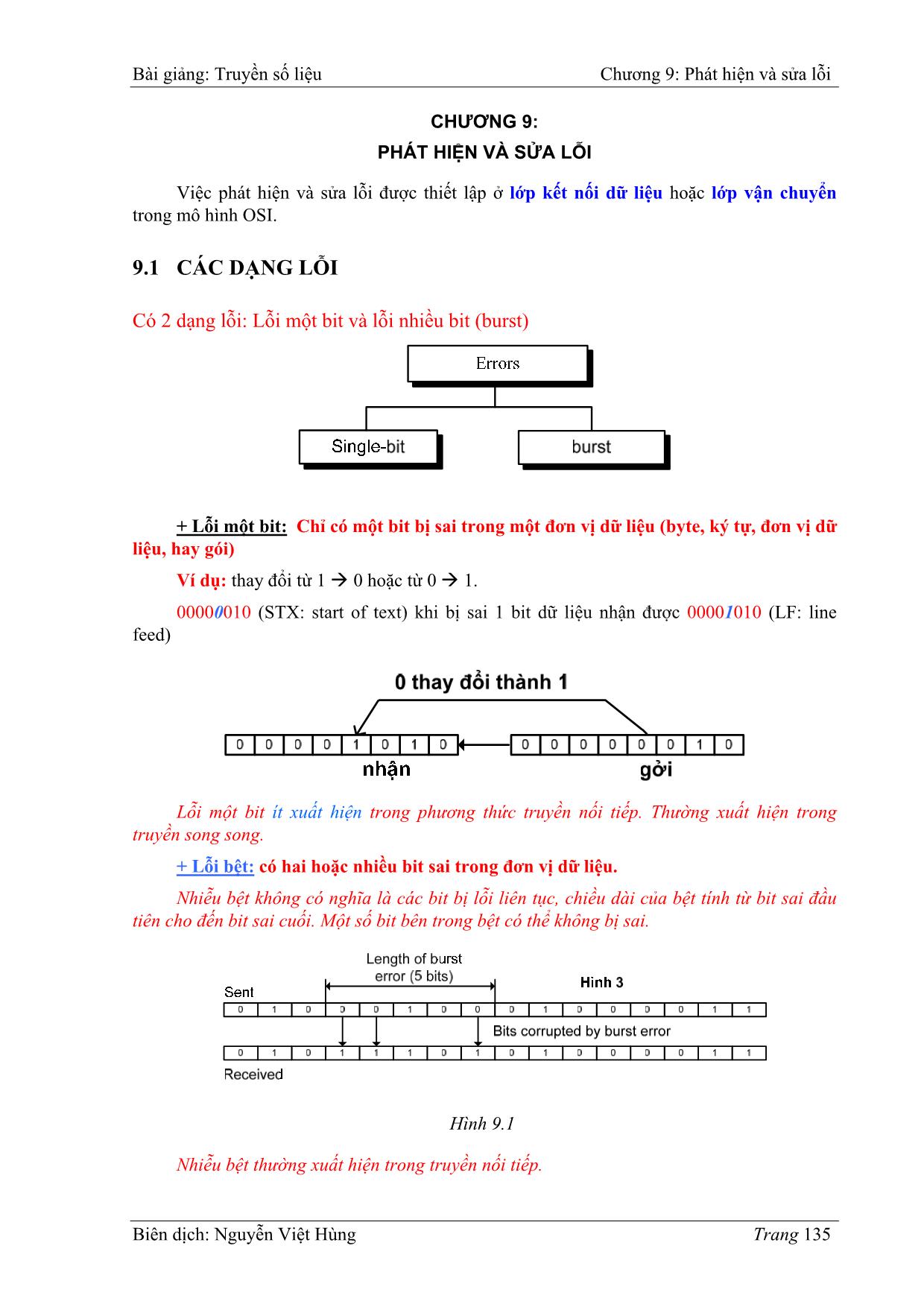 Bài giảng Truyền số liệu - Chương 9: Phát hiện và sửa lỗi - Nguyễn Việt Hùng trang 1