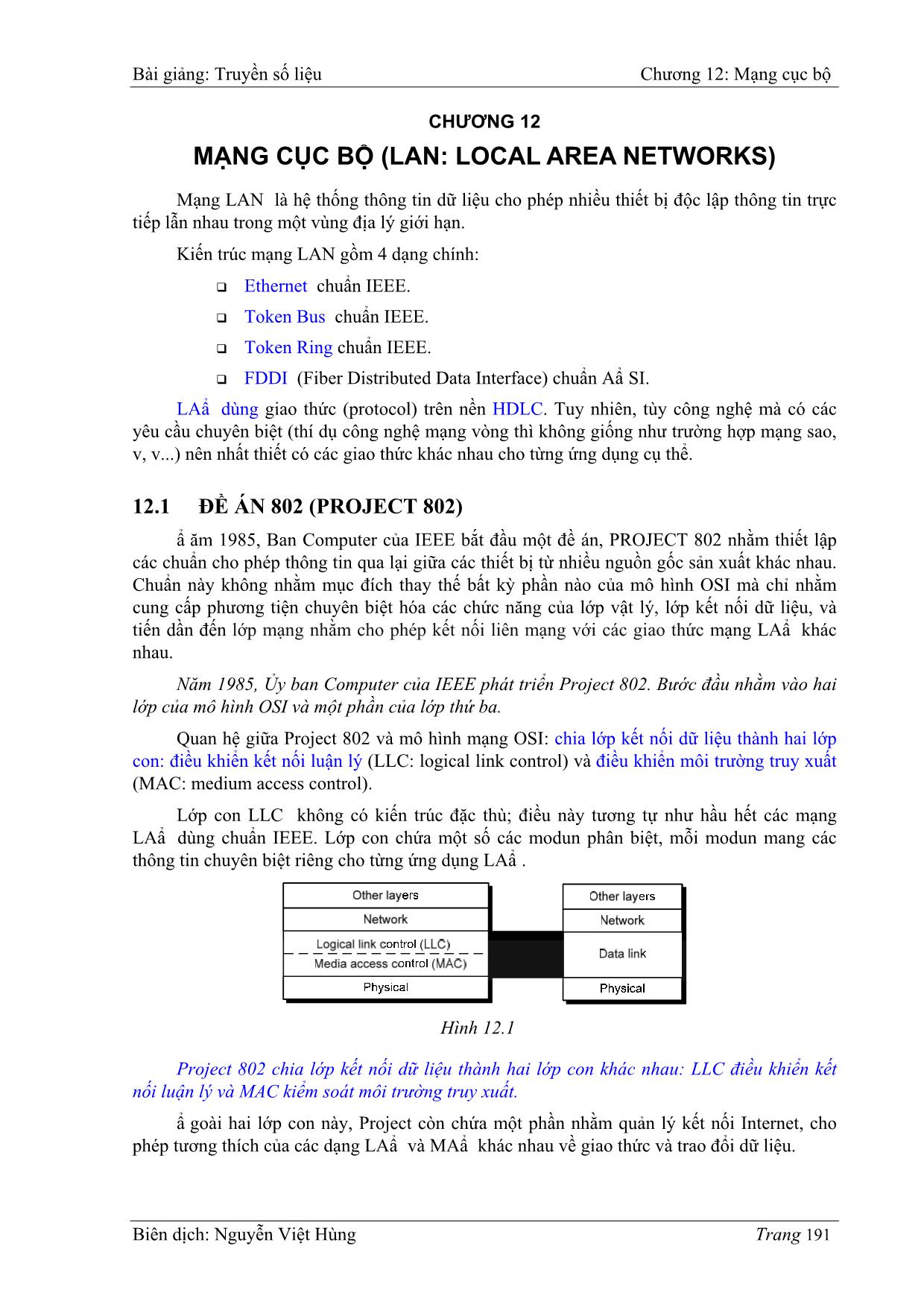 Bài giảng Truyền số liệu - Chương 12: Mạng cục bộ (LAN: Local area networks) - Nguyễn Việt Hùng trang 1