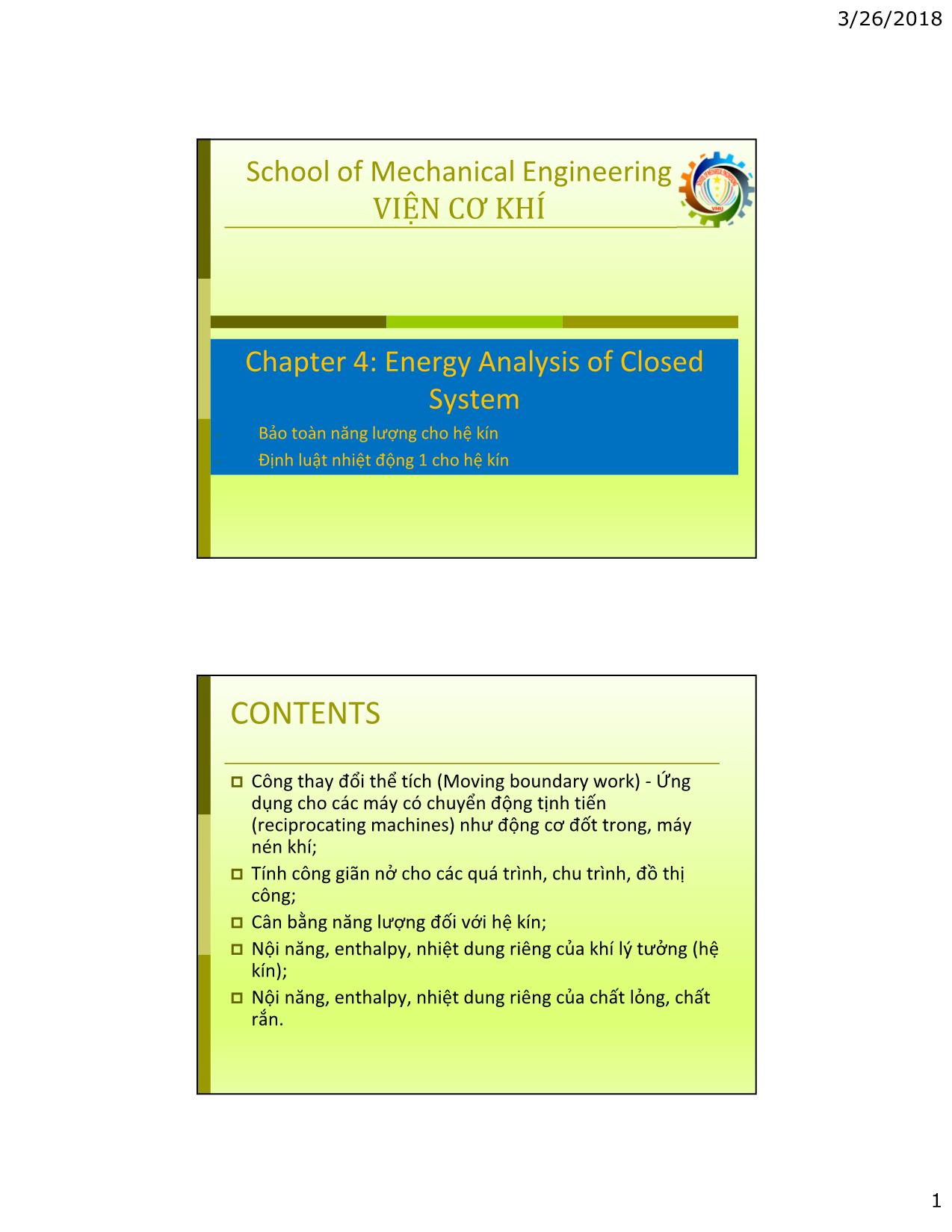 Bài giảng Kỹ thuật nhiệt - Chapter 4: Energy analysis of closed system trang 1