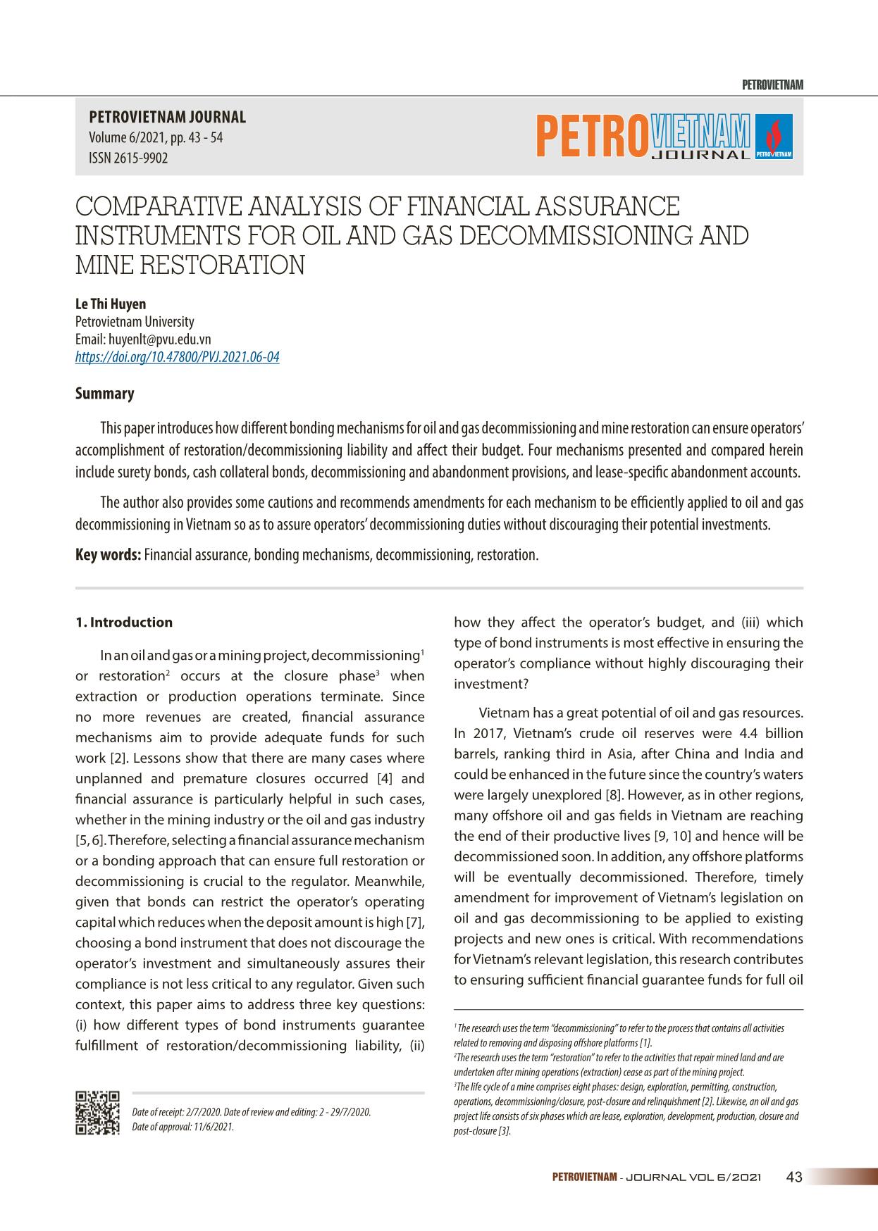 Comparative analysis of financial assurance instruments for oil and gas decommissioning and mine restoration trang 1