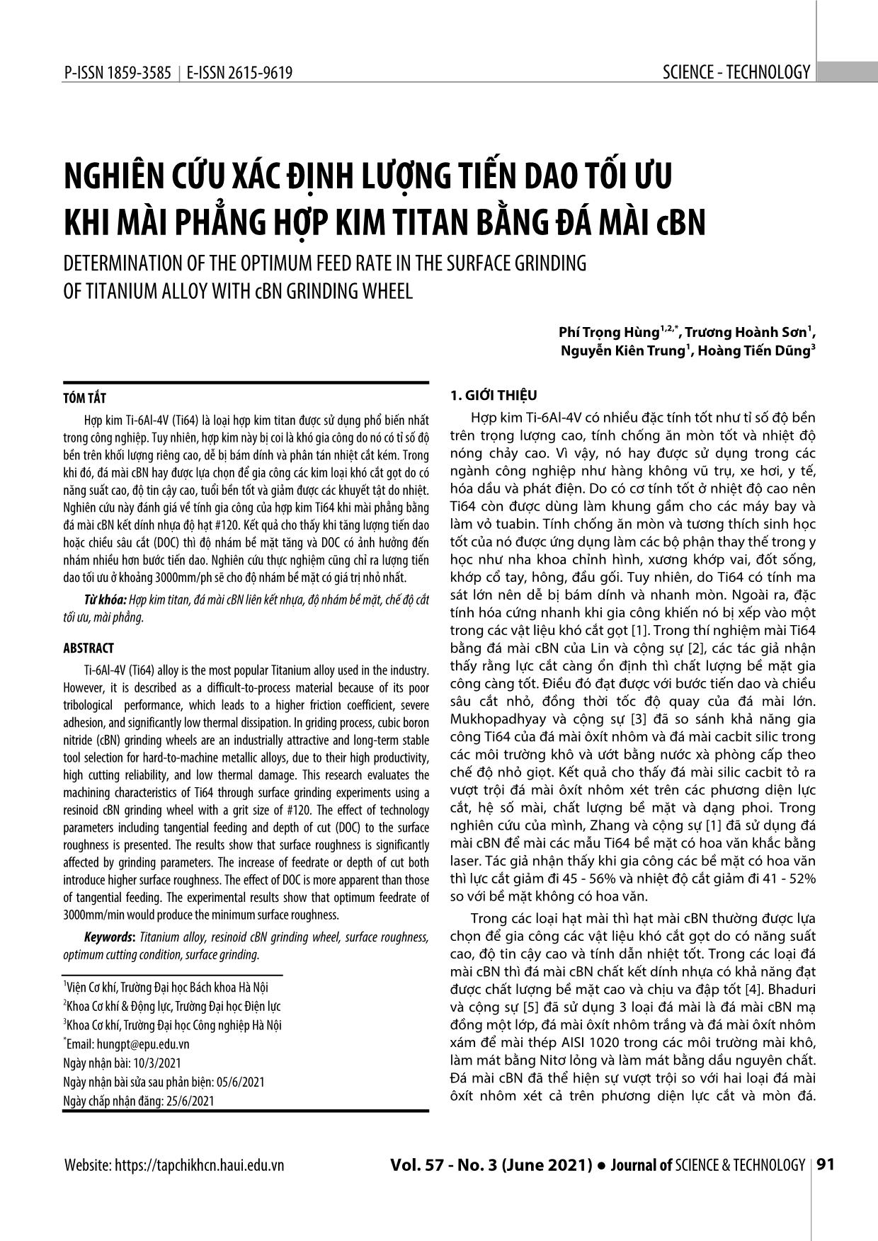 Nghiên cứu xác định lượng tiến dao tối ưu khi mài phẳng hợp kim titan bằng đá mài cBN trang 1