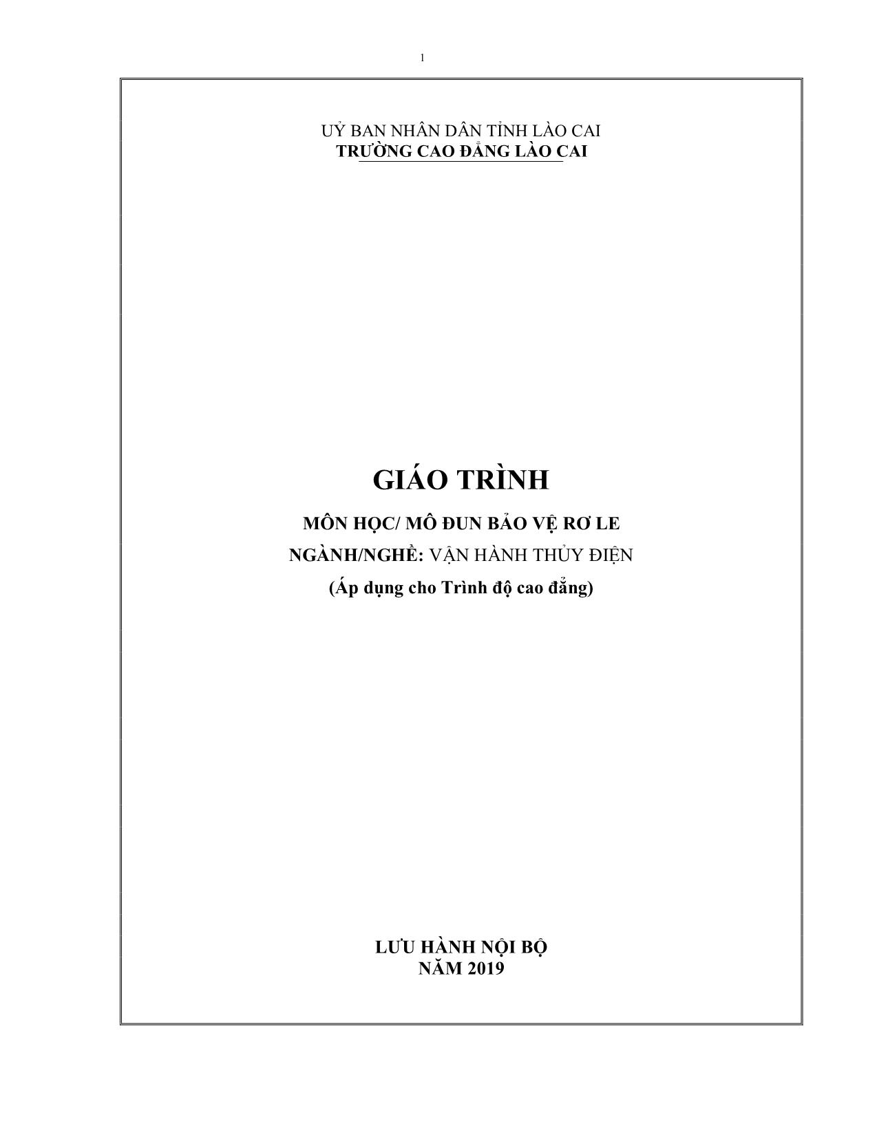 Giáo trình Bảo vệ rơle - Nghề: Vận hành thủy điện trang 1