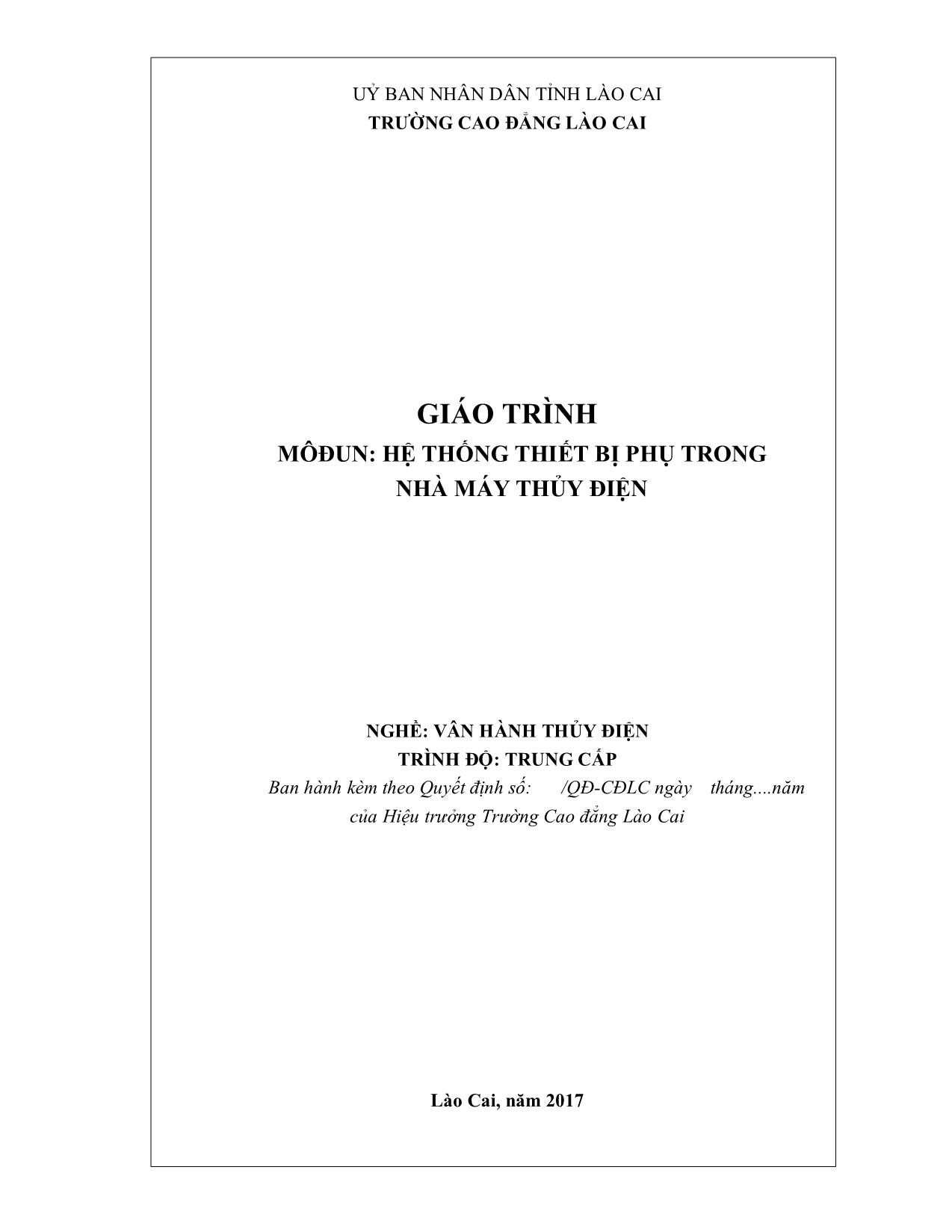 Giáo trình mô đun Hệ thống thiết bị phụ trong nhà máy thủy điện trang 1