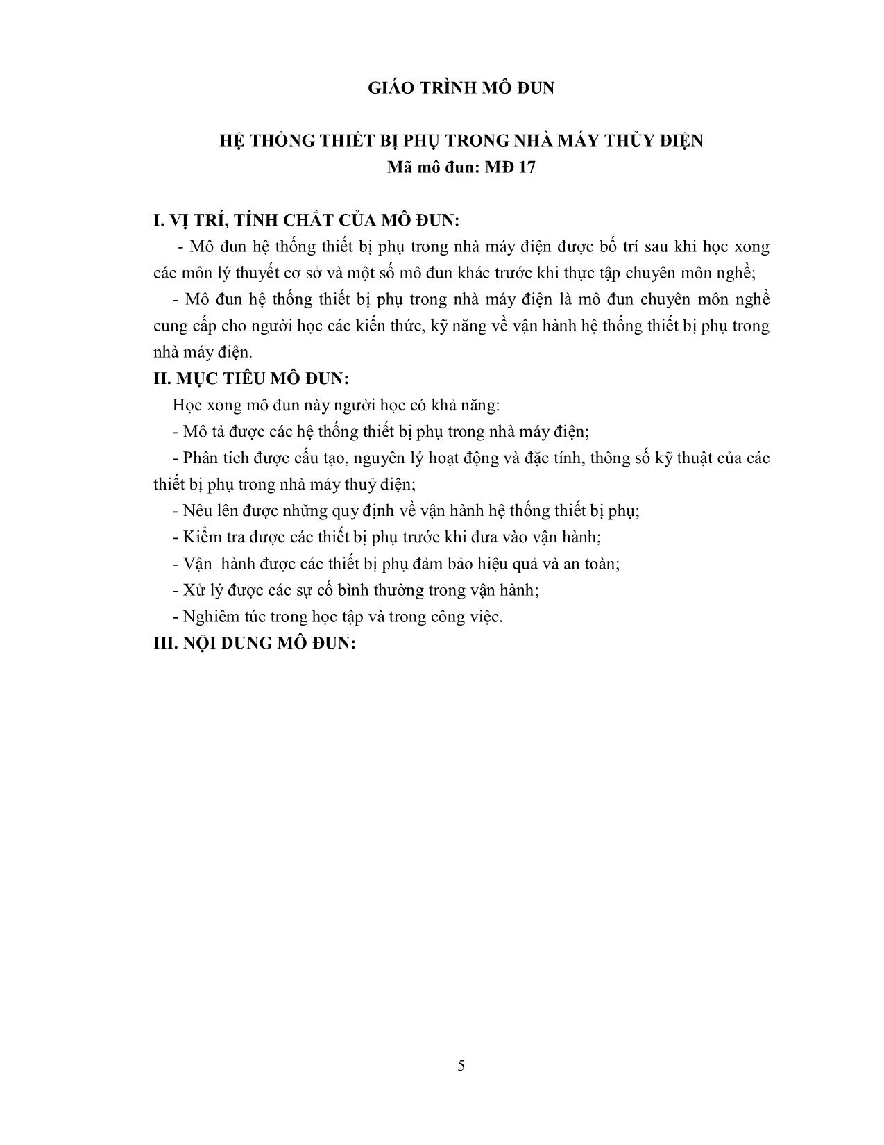 Giáo trình mô đun Hệ thống thiết bị phụ trong nhà máy thủy điện trang 5
