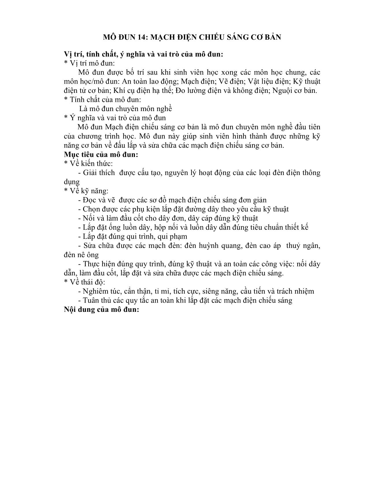 Giáo trình mô đun Mạch điện chiếu sáng cơ bản (Mới) trang 9