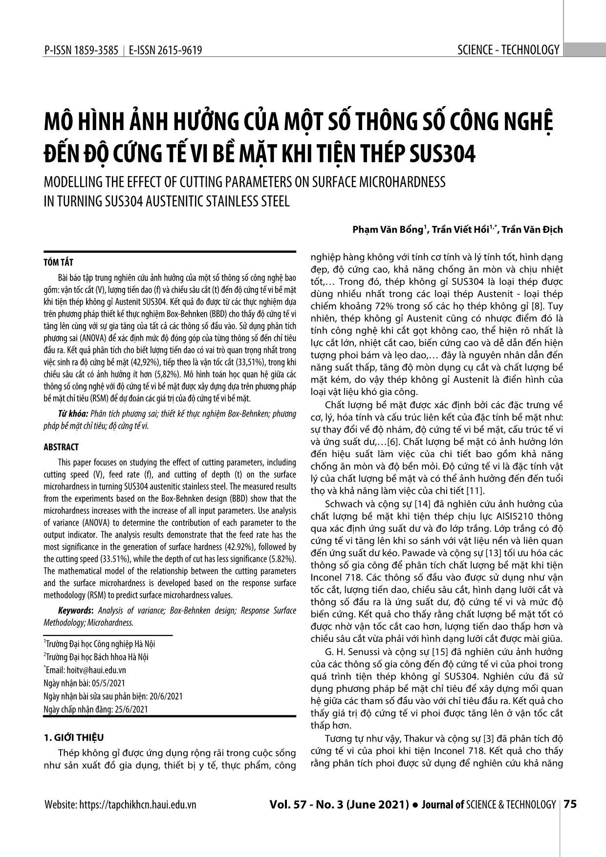 Mô hình ảnh hưởng của một số thông số công nghệ đến độ cứng tế vi bề mặt khi tiện thép SUS304 trang 1