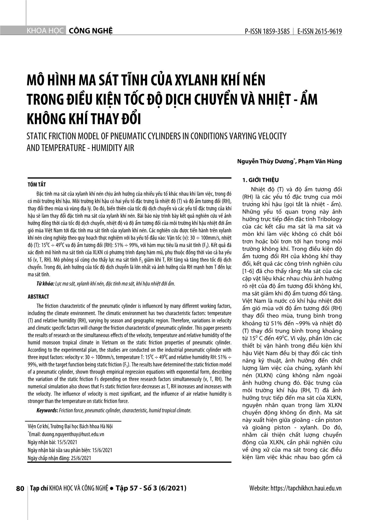 Mô hình ma sát tĩnh của xylanh khí nén trong điều kiện tốc độ dịch chuyển và nhiệt - ẩm không khí thay đổi trang 1