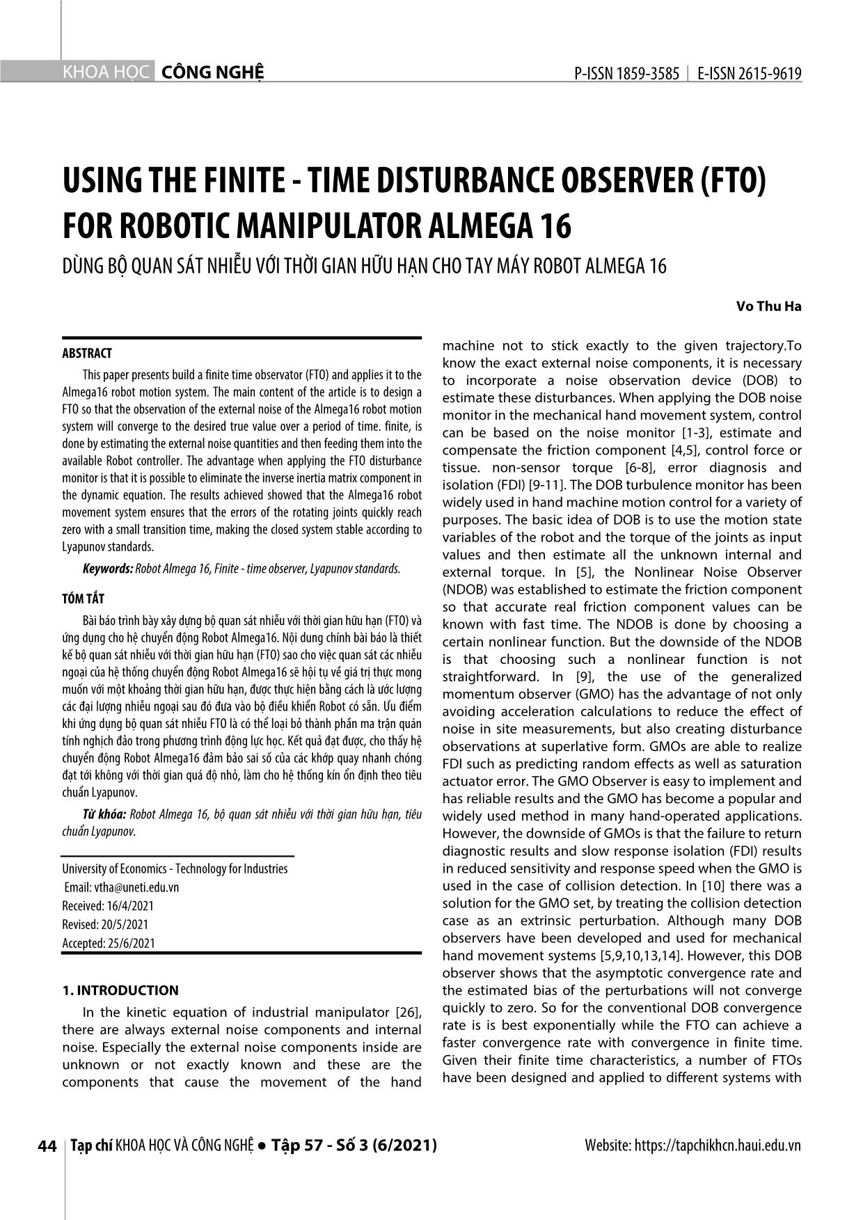 Using the finite - time disturbance observer (FTO) for robotic manipulator Almega 16 trang 1