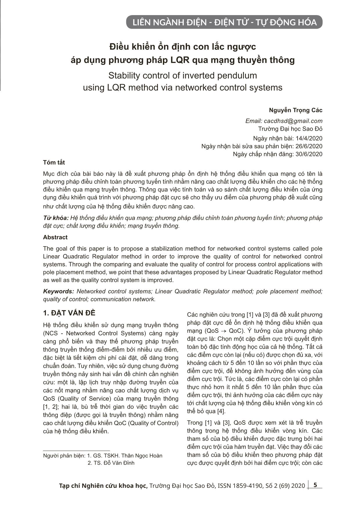 Điều khiển ổn định con lắc ngược áp dụng phương pháp LQR qua mạng thuyền thông trang 1