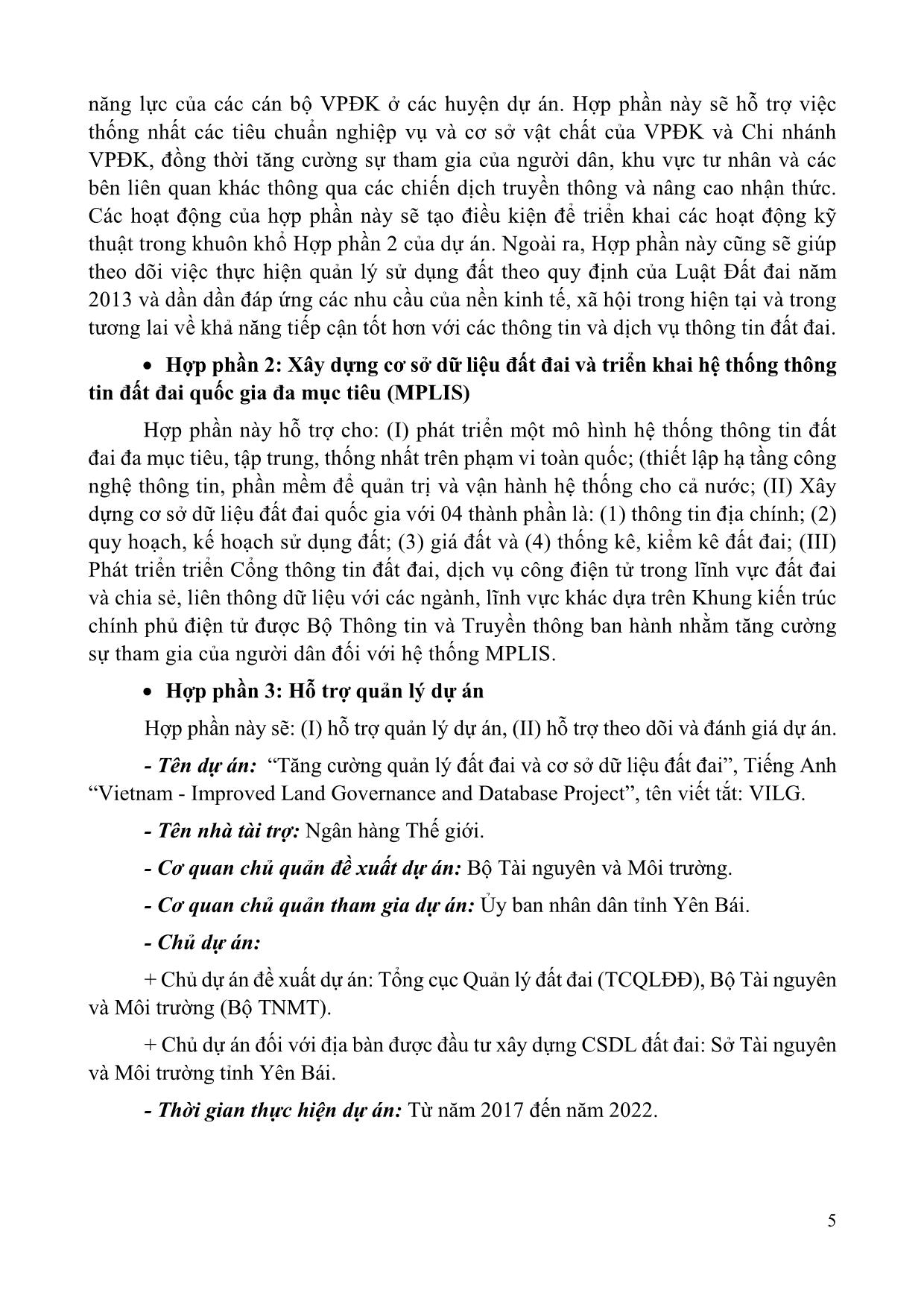 Dự án Tăng cường quản lý đất đai và cơ sở dữ liệu đất đai tại các huyện: Trấn Yên, Yên Bình, Lục Yên, Văn Chấn, Văn Yên Mù Cang Chải, tỉnh Yên Bái trang 5