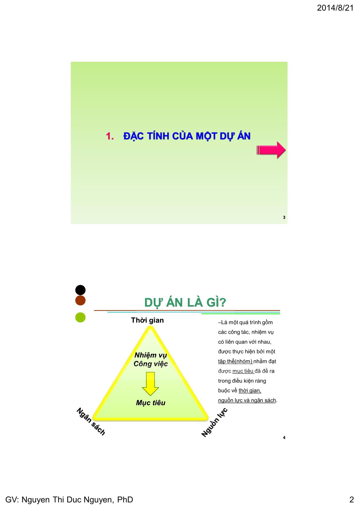 Bài giảng Quản lý dự án - Chương 1: Mở đầu - Nguyễn Thị Đức Nguyên trang 2